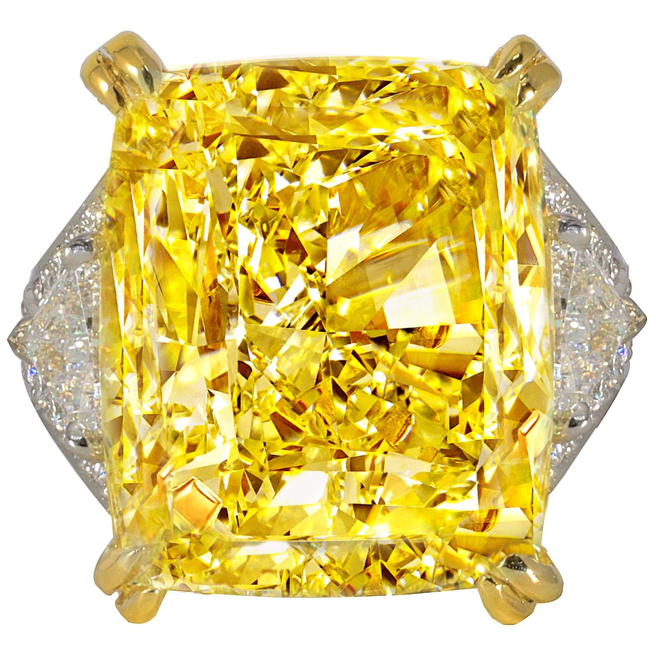 34.46 Carat Fancy Intense Yellow VS2 Radiant Cut Diamond Ring For Sale