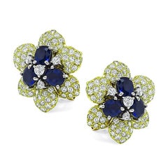 3.44ct Sapphire 3.20ct Diamond 18k Yellow Gold Flower Earrings