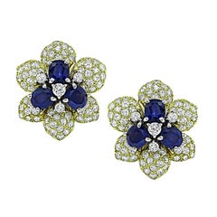 3.44ct Sapphire 3.20ct Diamond 18k Yellow Gold Flower Earrings