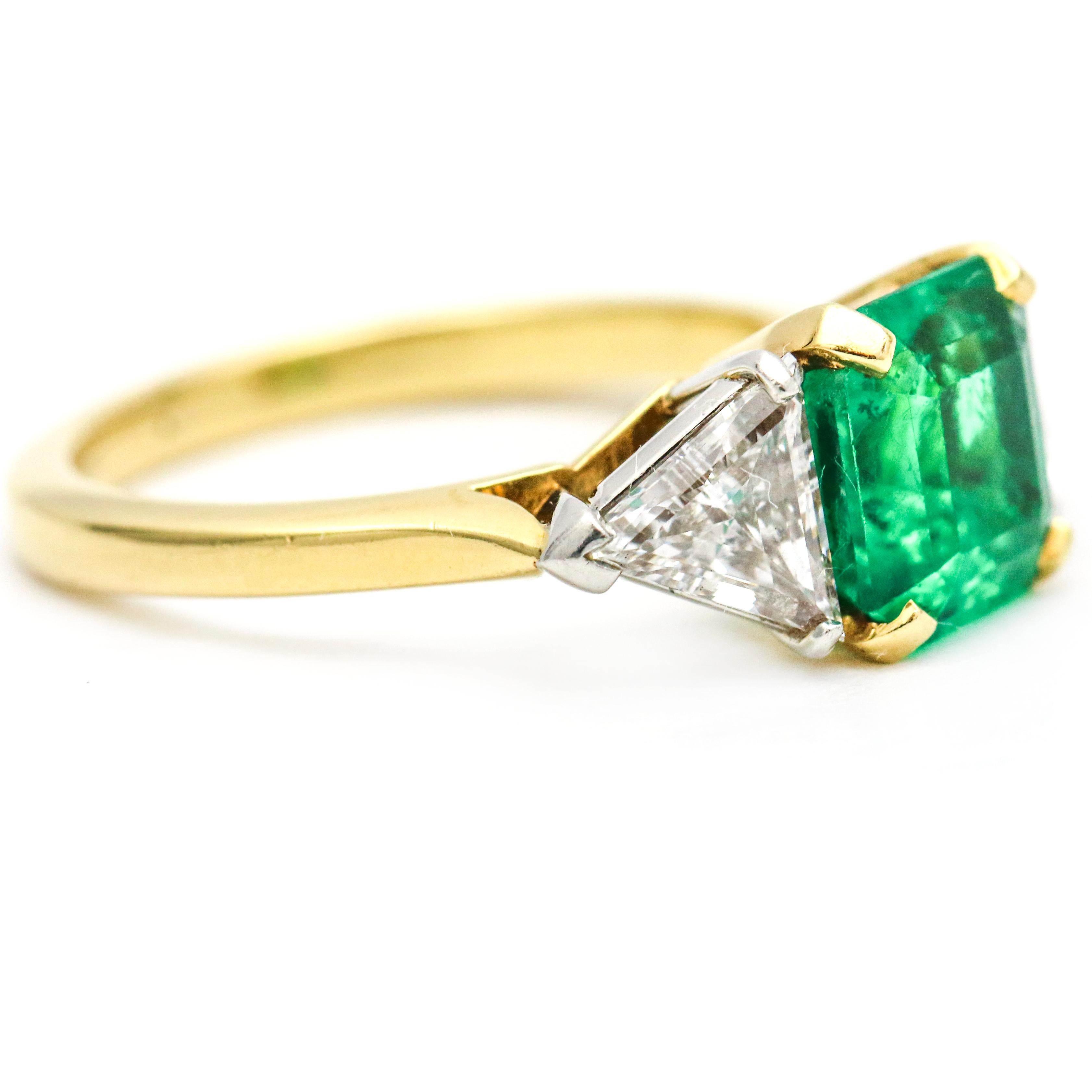 3.45 Carat 18 Karat Gold Platinum Emerald Diamond Three-Stone Ring For Sale 1