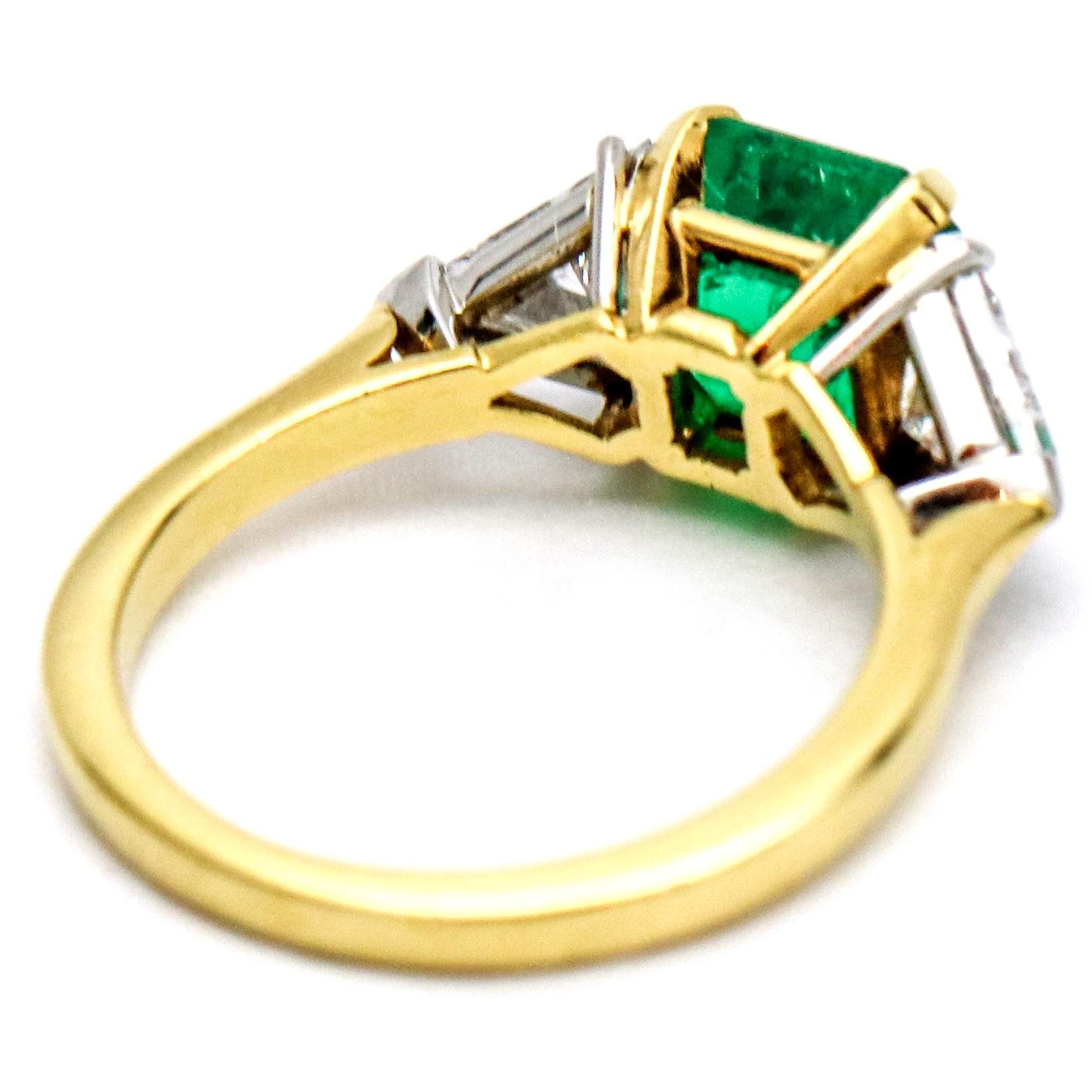 3.45 Carat 18 Karat Gold Platinum Emerald Diamond Three-Stone Ring For Sale 2