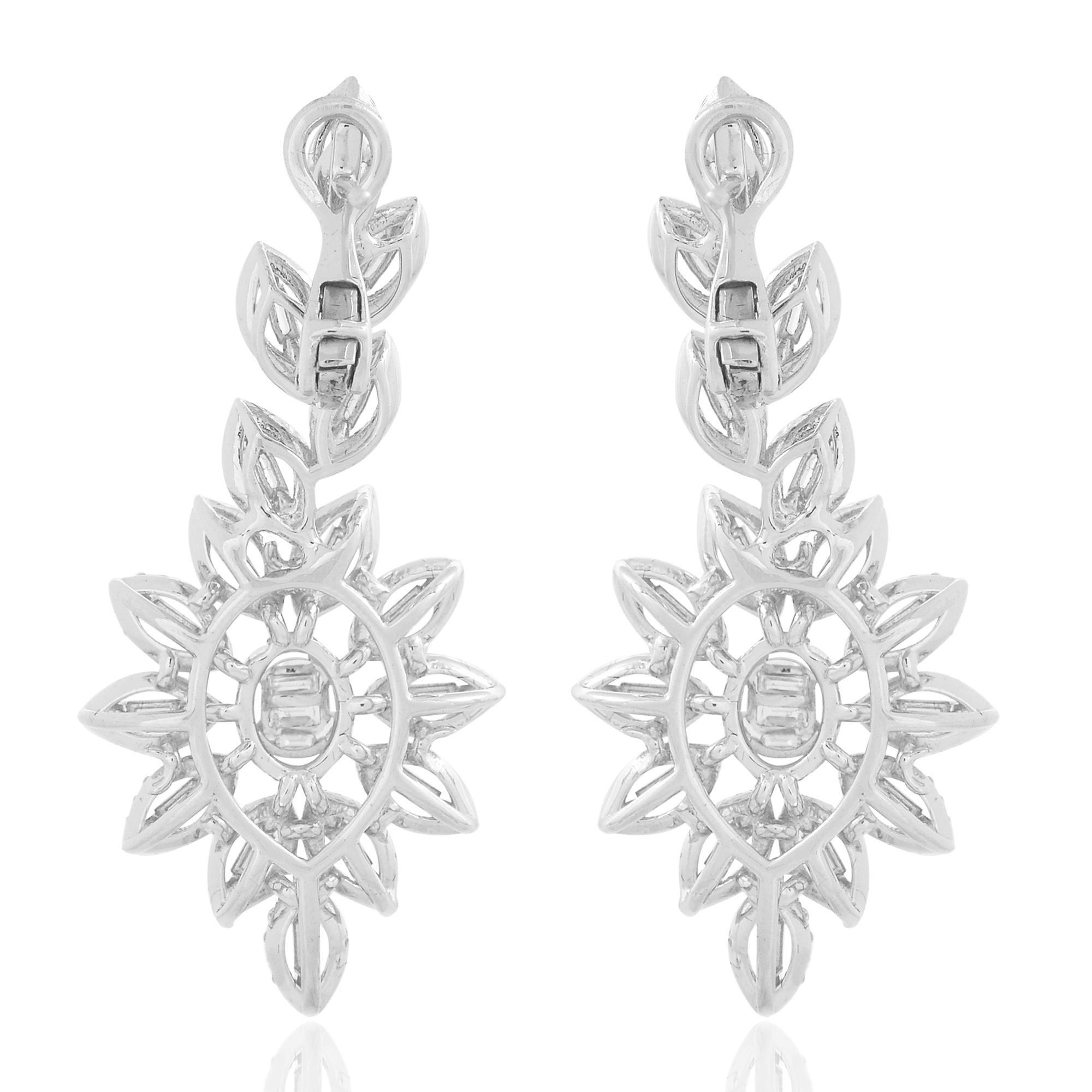 Modern 3.45 Carat Baguette Diamond Dangle Earrings 18 Karat White Gold Handmade Jewelry For Sale