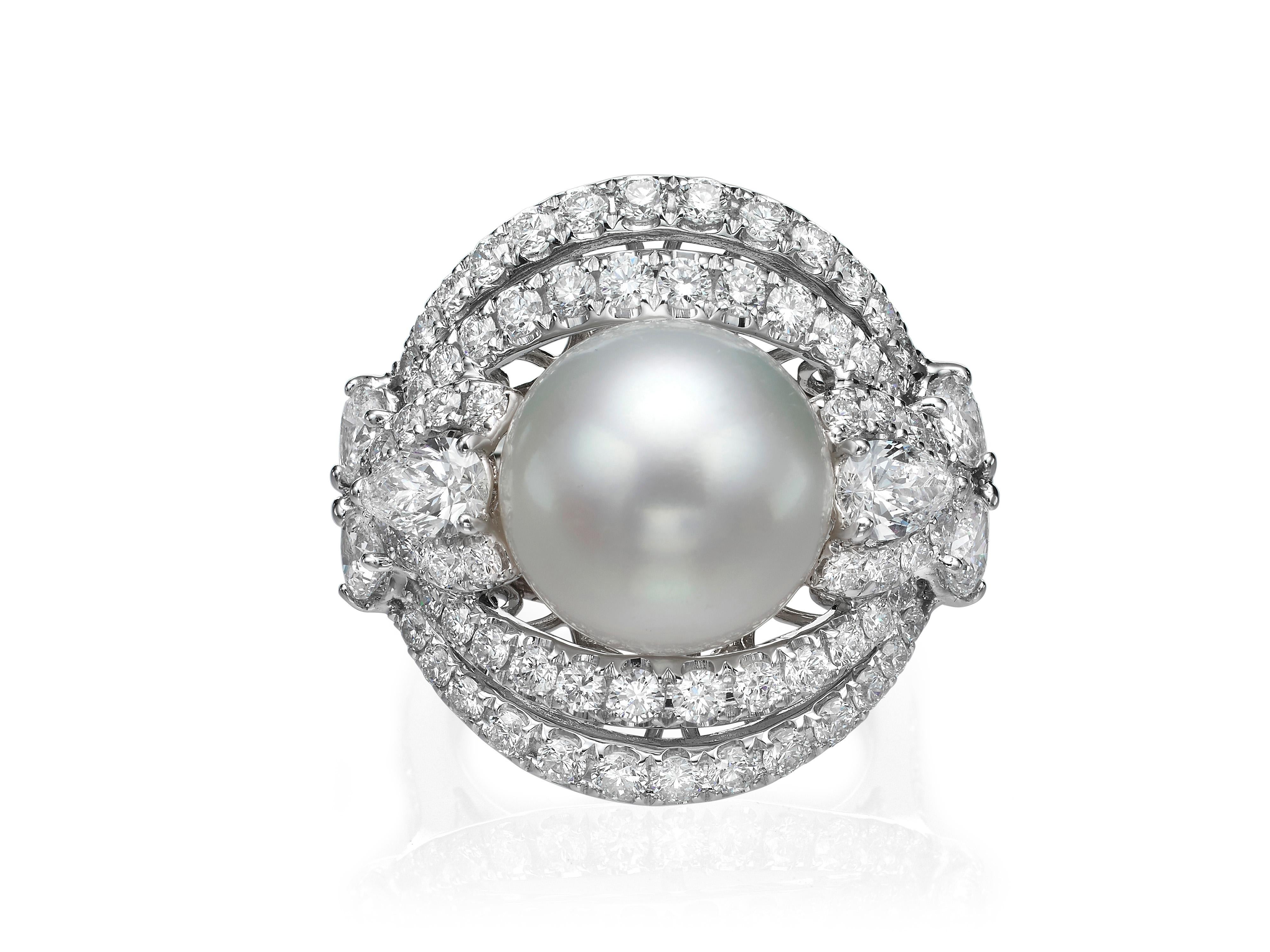 Contemporary 3.45 Carat Diamond and South Sea Pearl 18 Karat White Gold Cocktail Ring