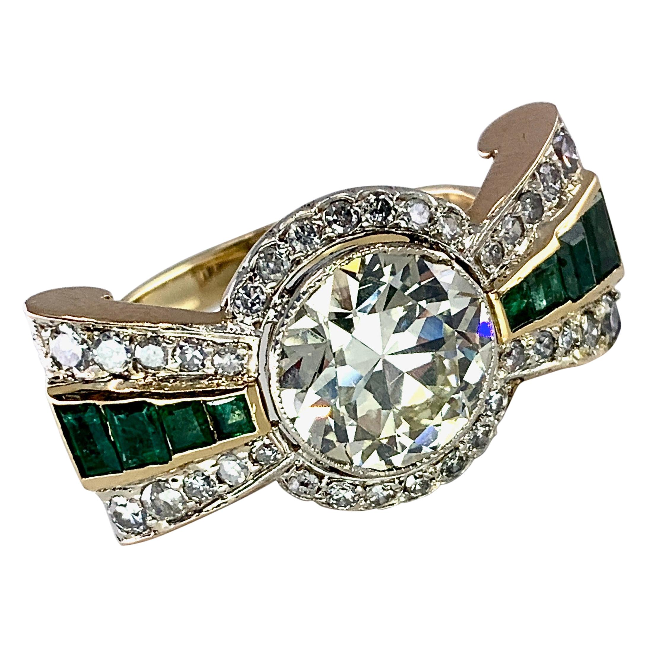 3.45 Carat Diamond Bowtie Tank Ring with Emeralds in 15 Karat Yellow Gold