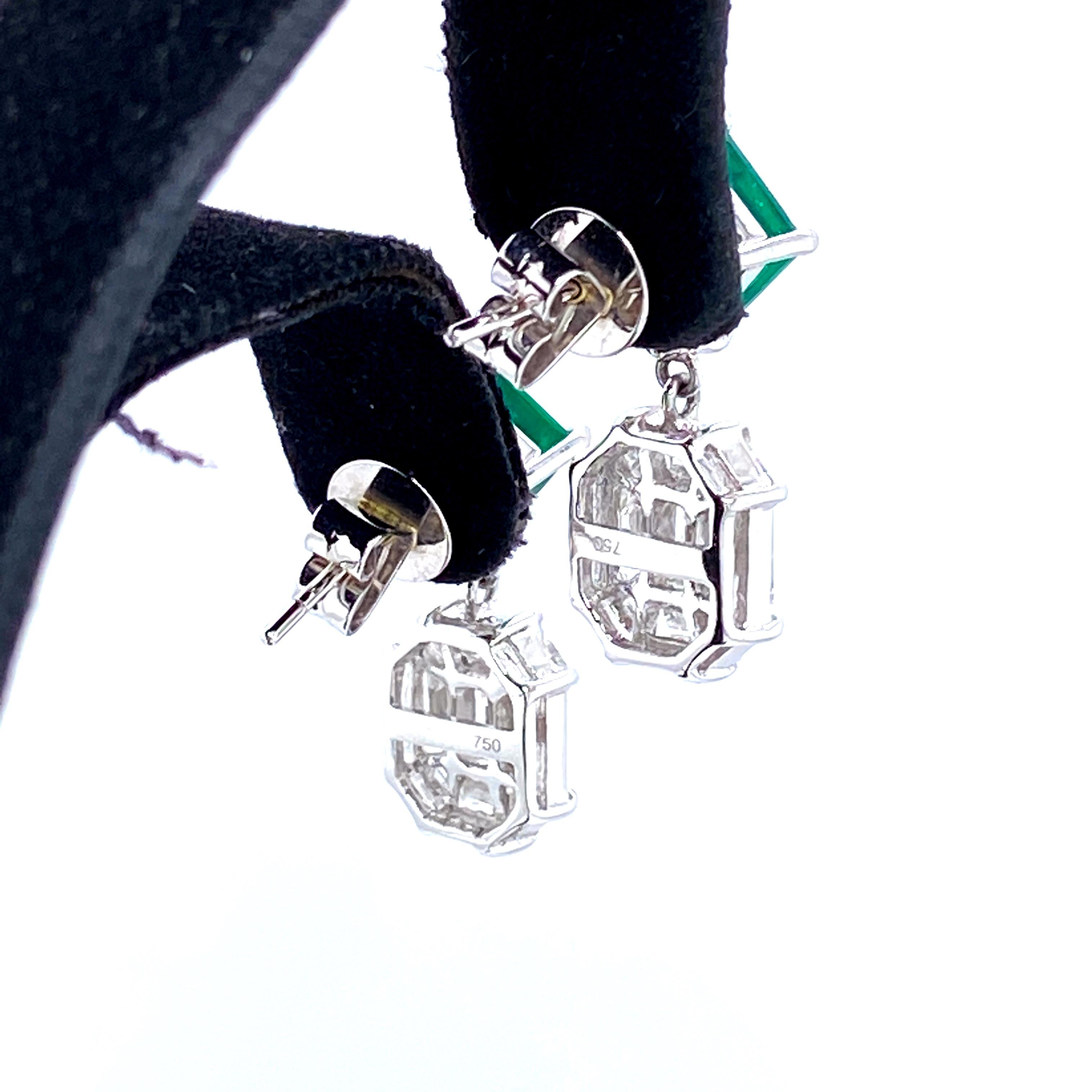 Square Cut 3.45 Carat Emerald and White Diamond Gold Earrings For Sale