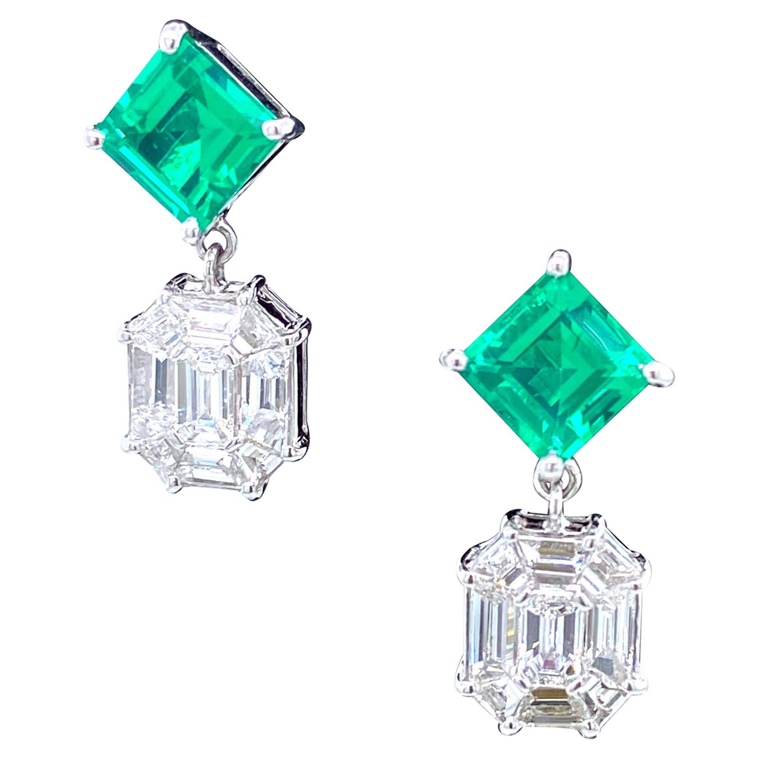 3.45 Carat Emerald and White Diamond Gold Earrings For Sale