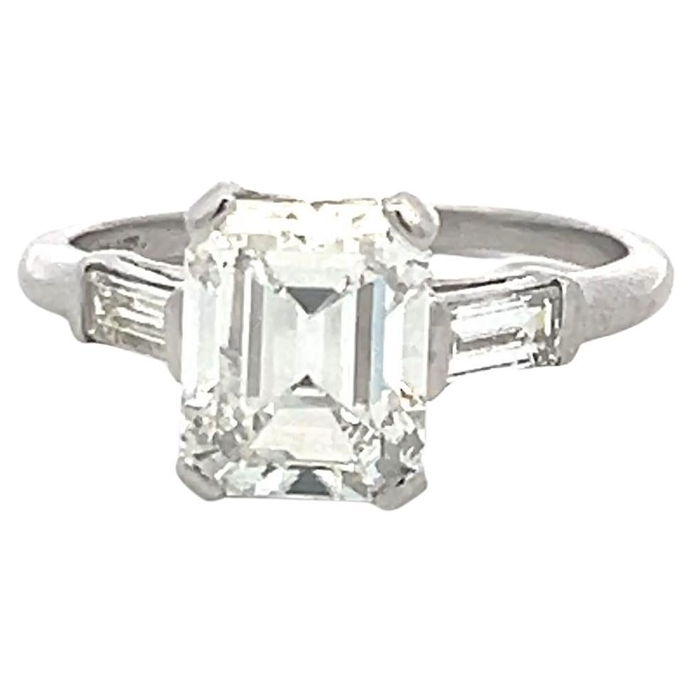 3.45 Carat Emerald Cut and Baguette Shape Diamond Platinum Engagement Ring