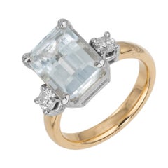 3.45 Carat Emerald Cut Aquamarine Diamond 14k White Yellow Gold Three Stone Ring