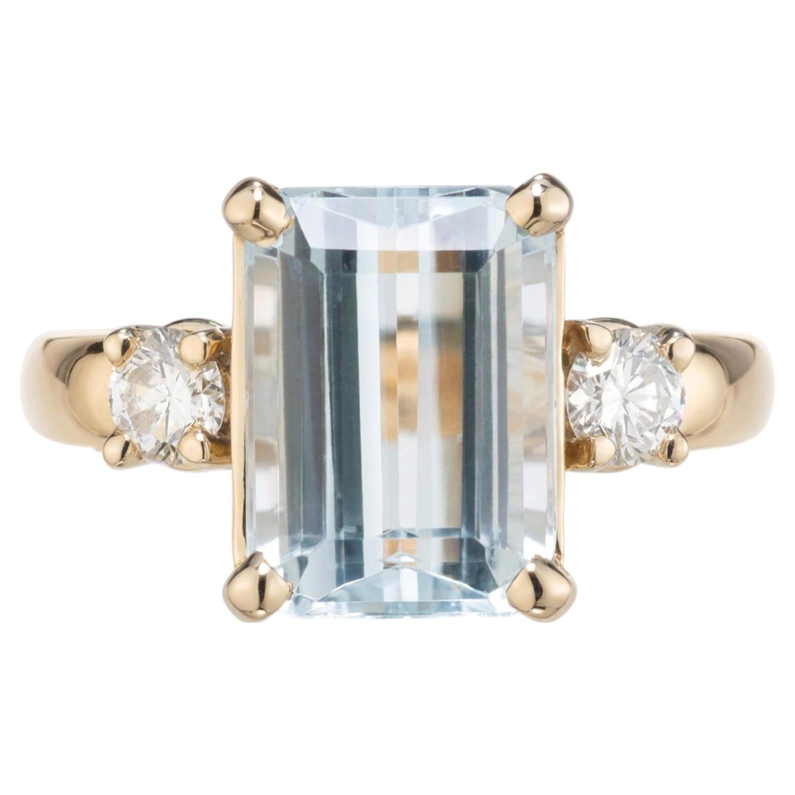3.45 Carat Emerald Cut Aquamarine Diamond 14k White Yellow Gold Three Stone Ring