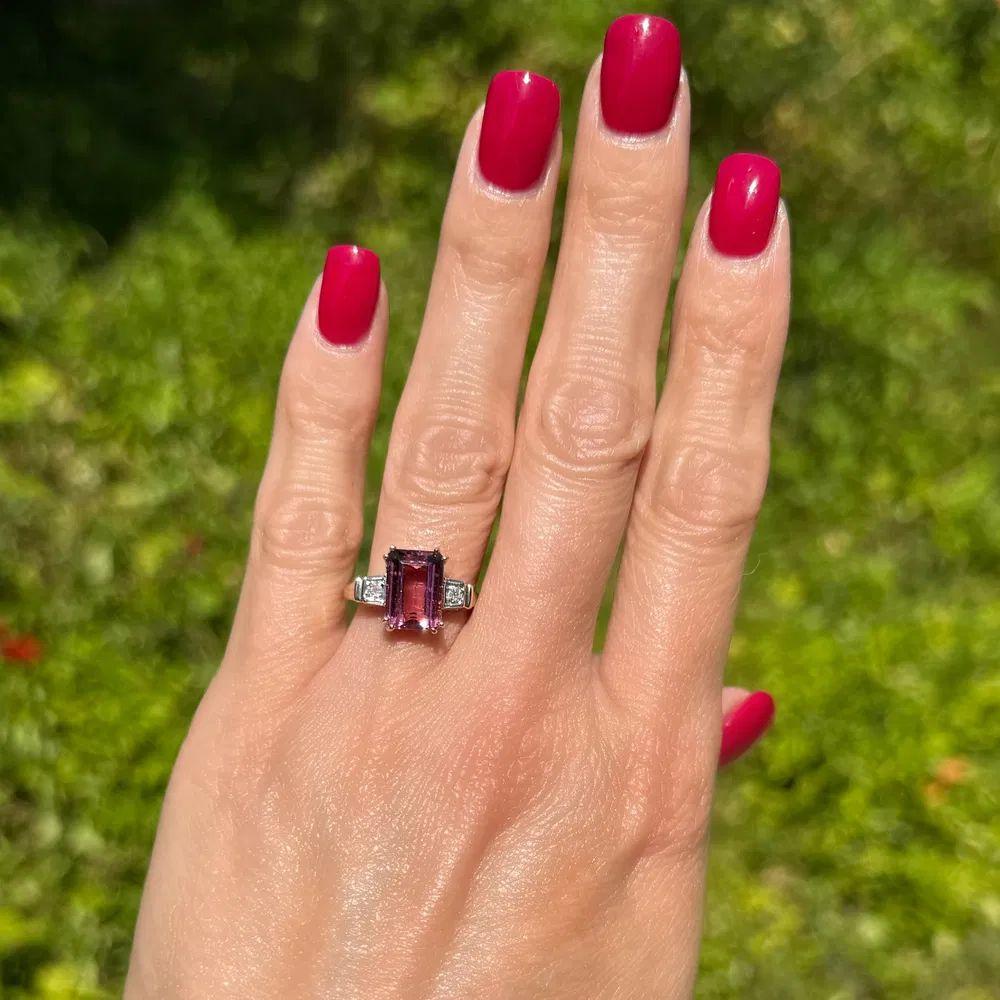 Modernist 3.45 Carat Emerald Cut Rubelite Tourmaline and Diamond Vintage Cocktail Ring For Sale