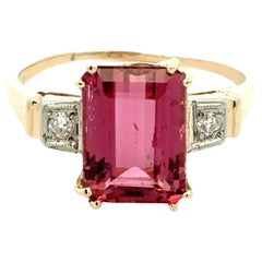 3.45 Carat Emerald Cut Rubelite Tourmaline and Diamond Vintage Cocktail Ring