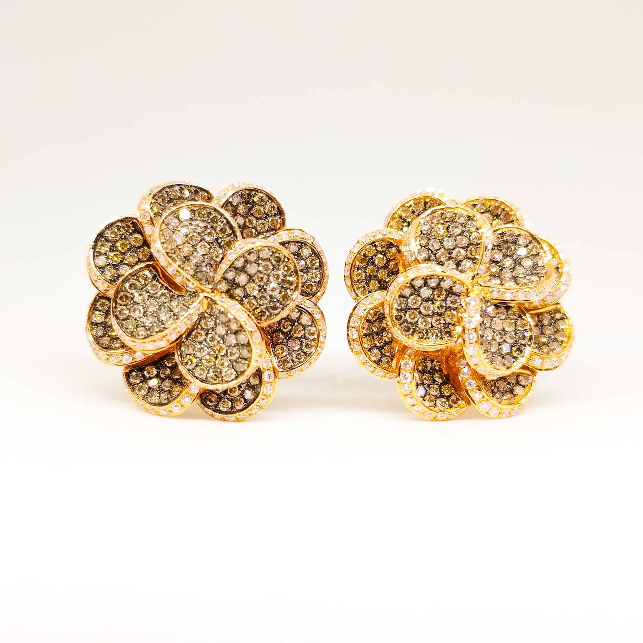 3.45 Carat Fancy Chocolate and White Diamond Flower Earrings 18 Karat Rose Gold For Sale 7