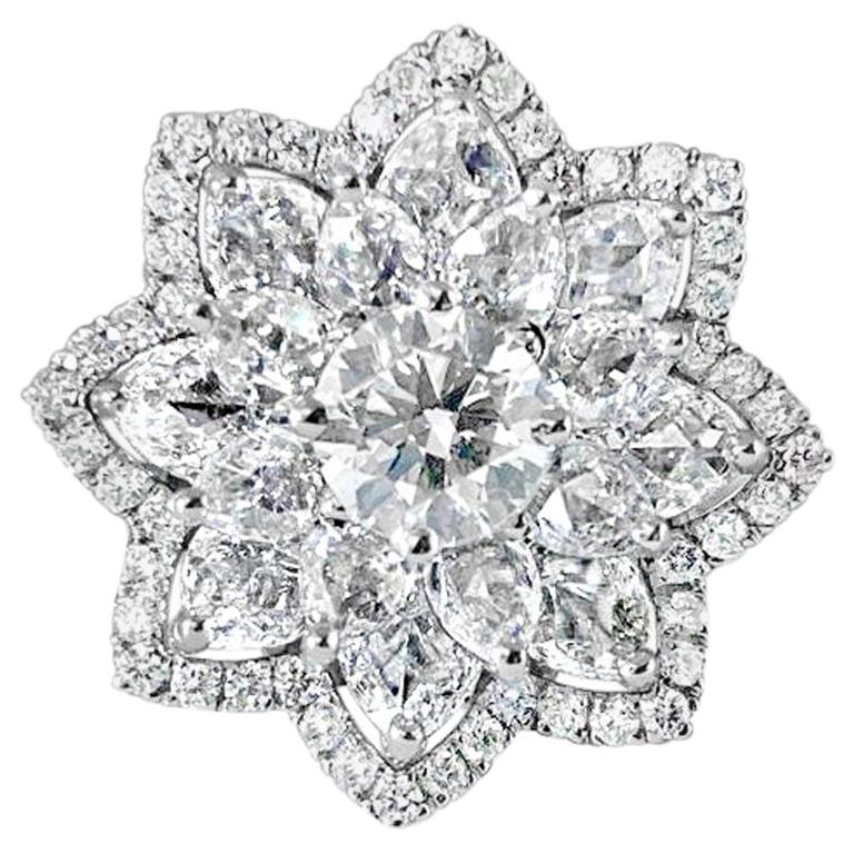 3.45 Carat Flower Ring with Rose Cut Round Brilliant Diamonds, 18 Karat Gold