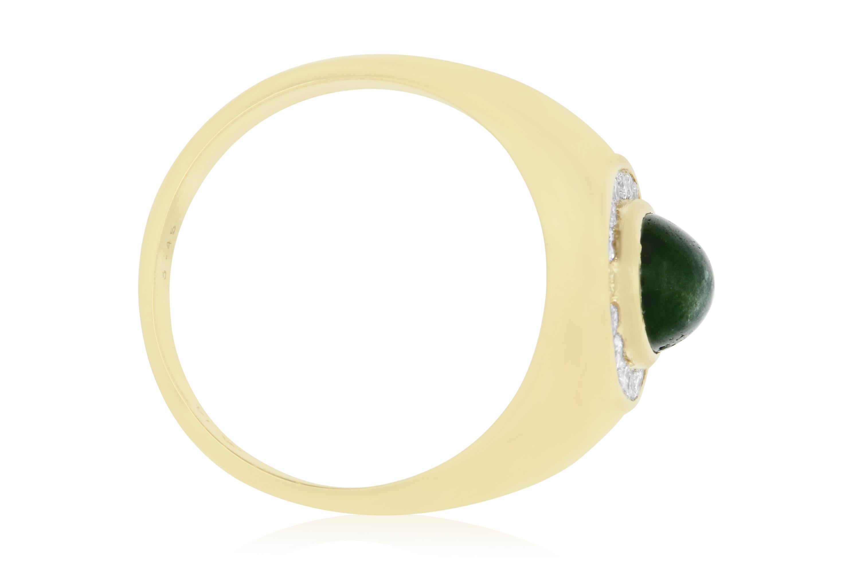 This 14k Yellow Gold setting is a perfect fit for our 3.45 Carat Green Sapphire. Surrounded with a total of 8 brilliant round white diamonds, this classy piece is a must have.    

Material: 14k Yellow Gold
Gemstones: 1 Oval Green Sapphire at 3.45