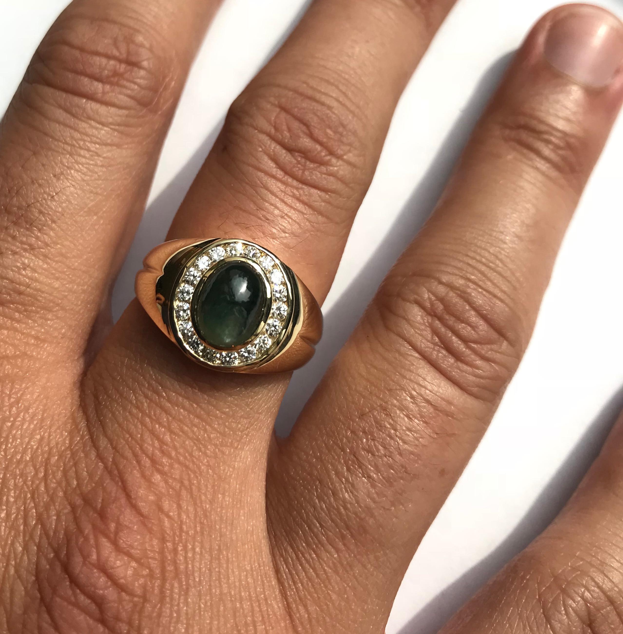3.45 Carat Green Sapphire and 0.45 Carat Diamond Men's Ring In New Condition In GREAT NECK, NY