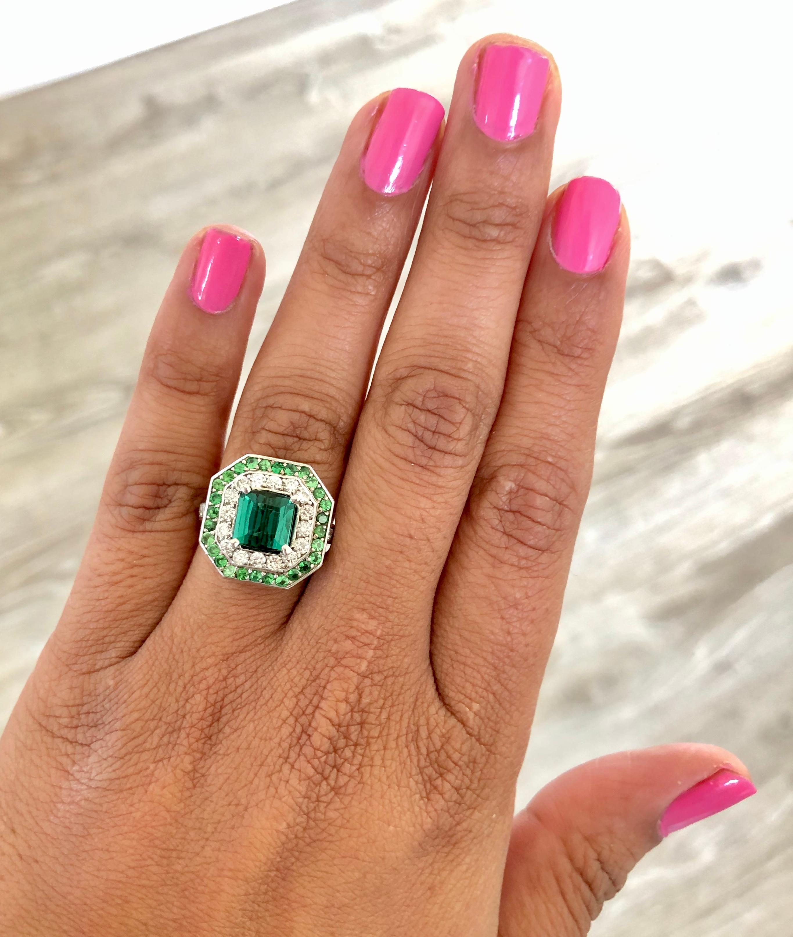 3.45 Carat Green Tourmaline Diamond 14 Karat White Gold Cocktail Ring In New Condition For Sale In Los Angeles, CA