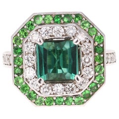 Bague cocktail en or blanc 14 carats avec diamants et tourmaline verte de 3,45 carats