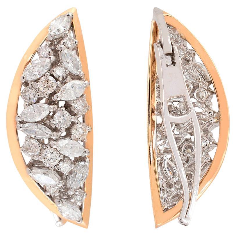 Boucles d'oreilles en or blanc et rose 18 carats avec diamants ronds taille marquise de 3,45 carats