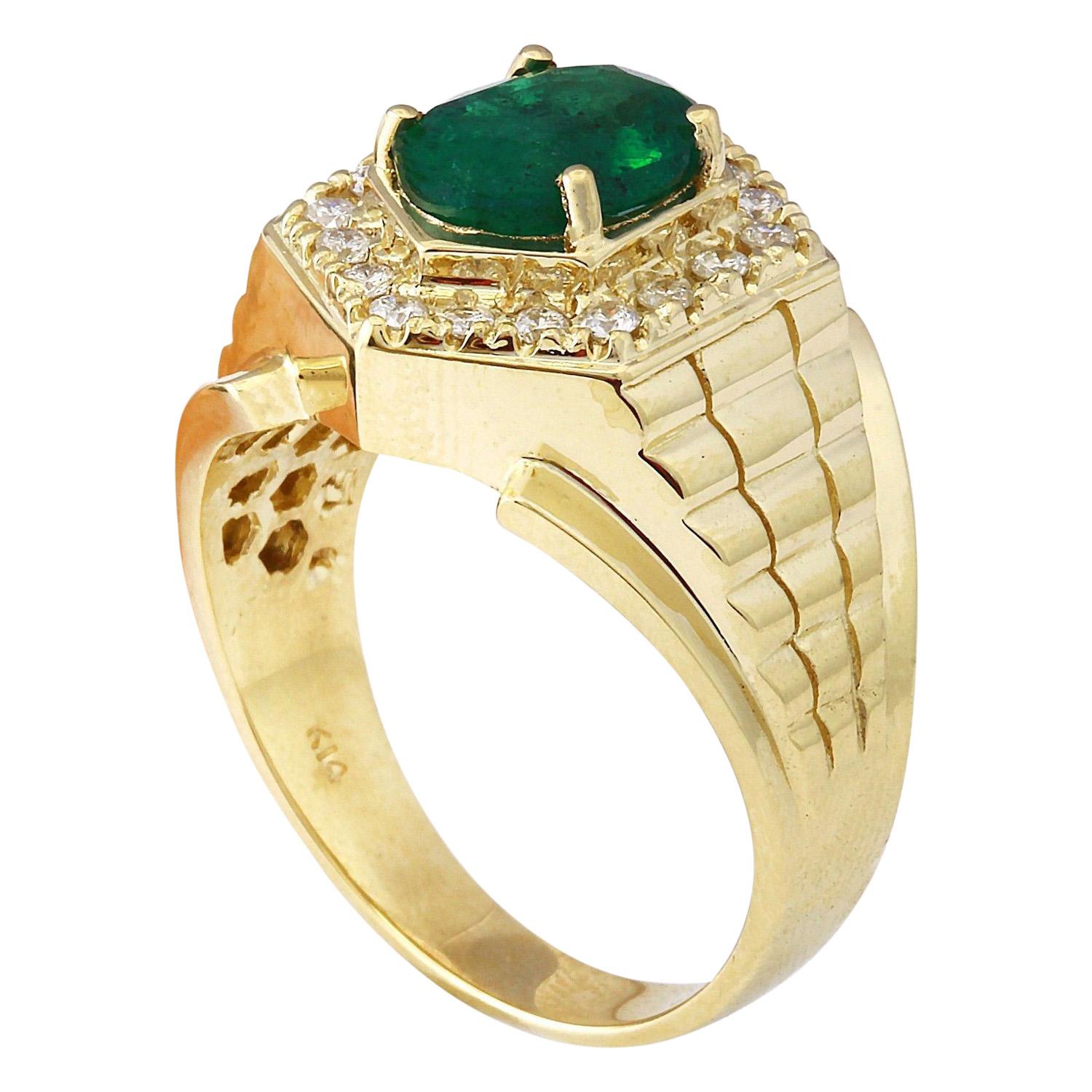 Oval Cut Men Emerald Diamond Ring In 14 Karat Solid Yellow Gold  For Sale