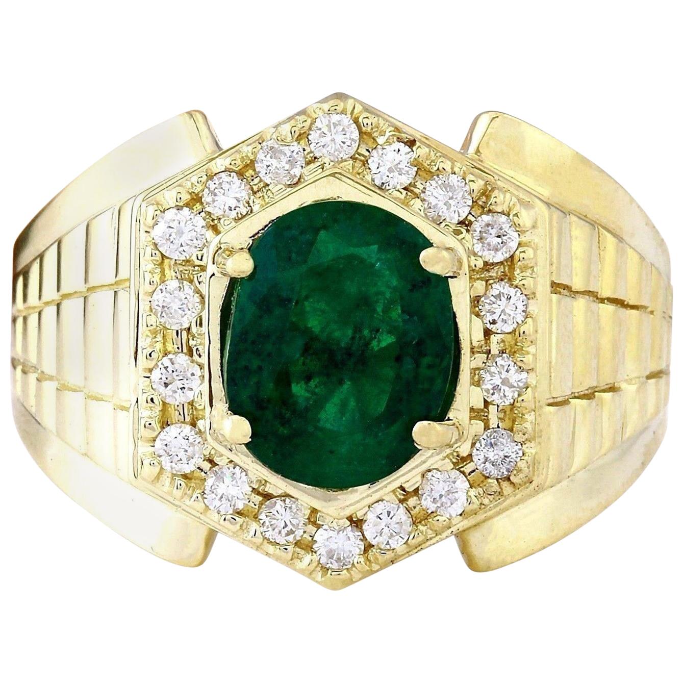 Men Emerald Diamond Ring In 14 Karat Solid Yellow Gold  For Sale