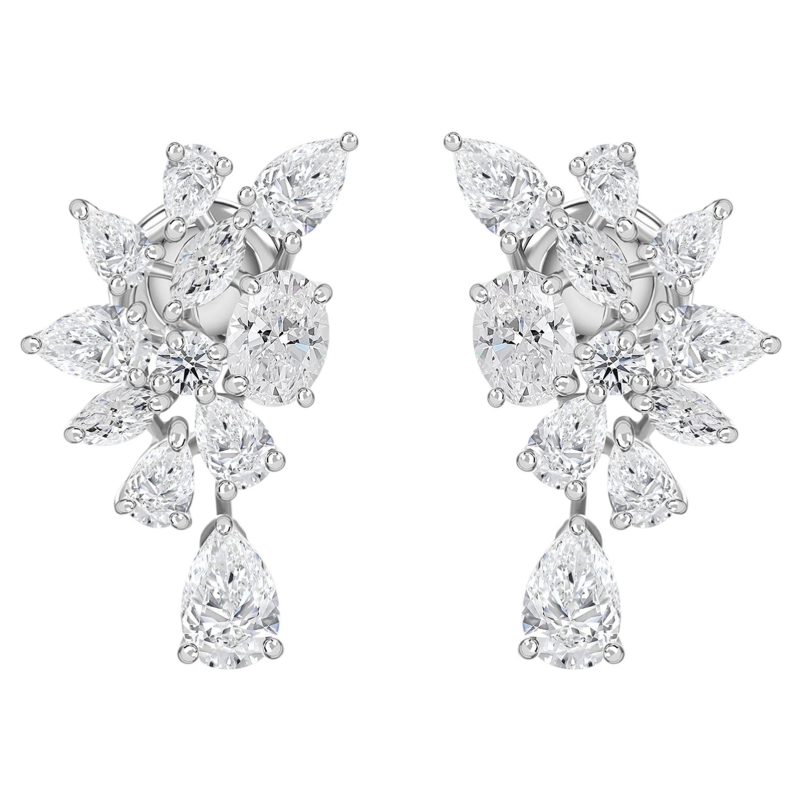 Natural Diamond Cluster Drop Earrings, 3.45ct Mixed Cuts, 18K White Gold