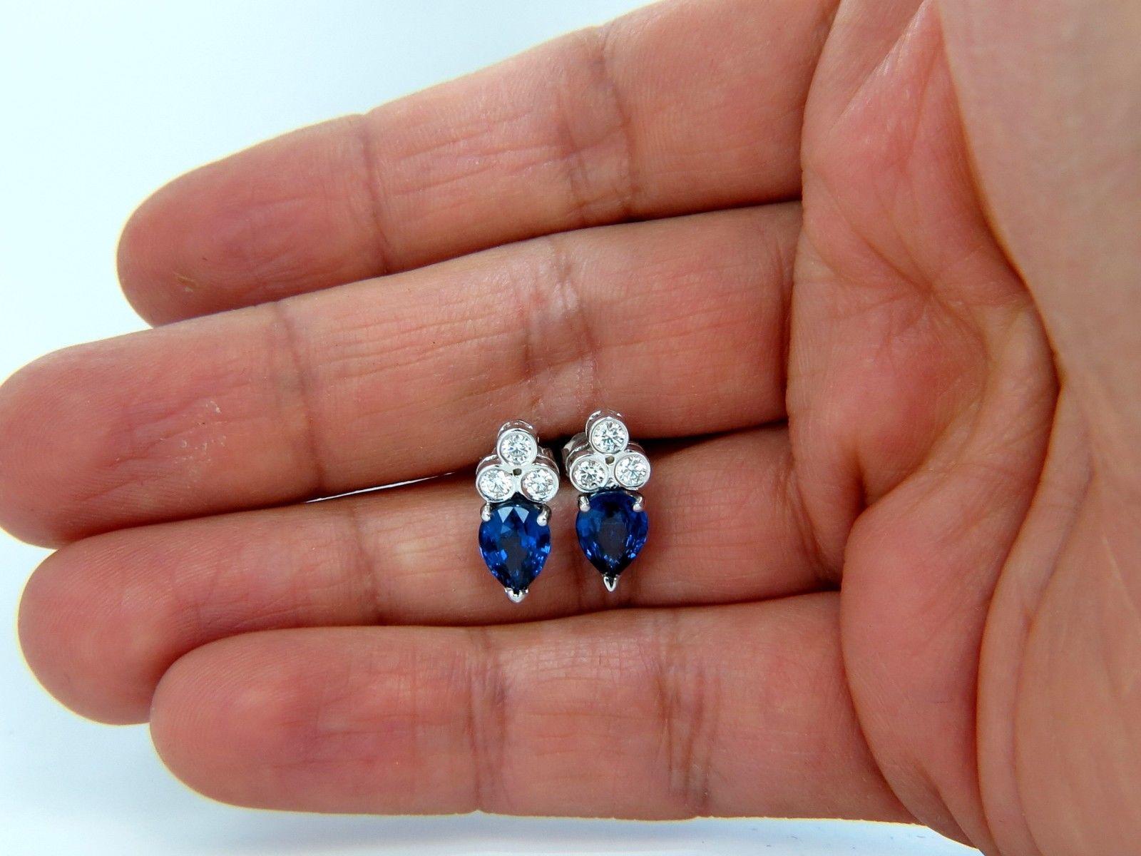 Natural sapphire & Diamonds classic Stud earrings

3.05ct total weight sapphires

pear, full cut brilliants.

sapphires: 7 X 6.3mm

Clean clarity & transparent.





.40ct. Round Brilliant full cut diamonds.

G-color Vs-2 clarity

Overall earrings
