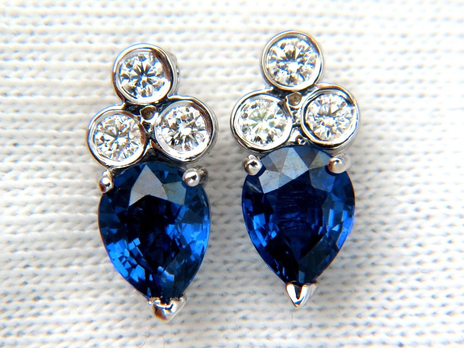 3.45 Carat Natural Sapphire Diamonds Cluster Stud Earrings 14 Karat Vivid Blue 4