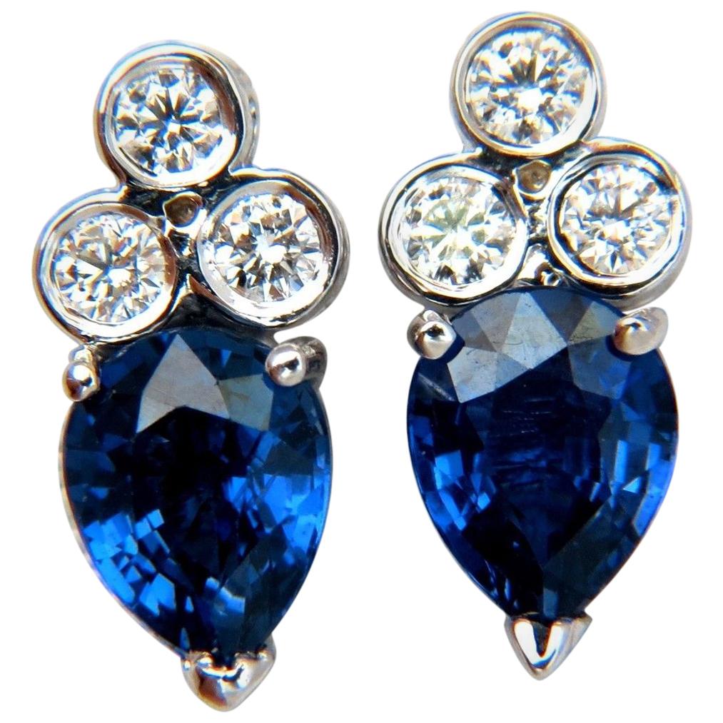 3.45 Carat Natural Sapphire Diamonds Cluster Stud Earrings 14 Karat Vivid Blue