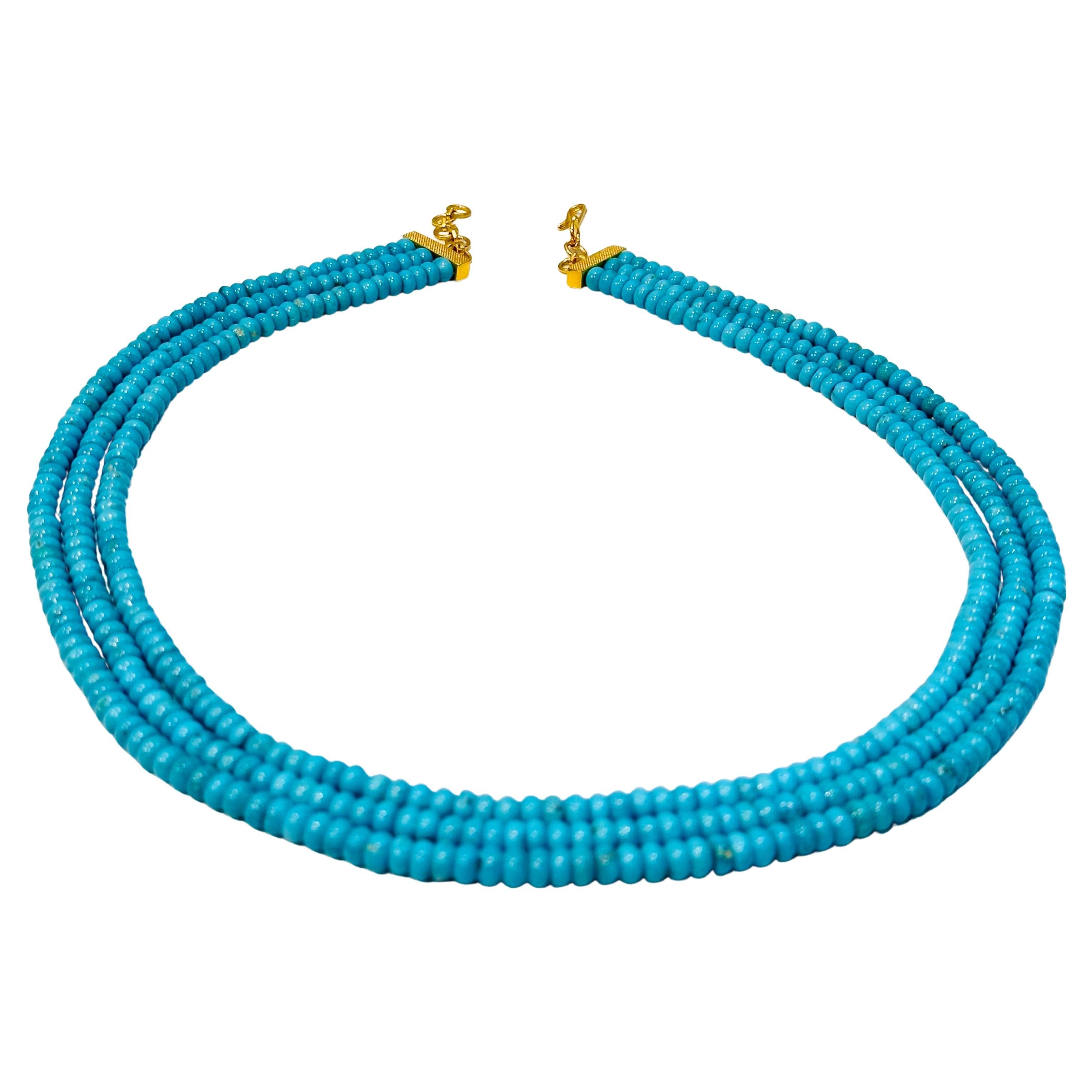 345 Carat Natural Sleeping Beauty Turquoise Necklace, Three Strand 14 Karat Gold
Natural Sleeping Beauty Turquoise which is very hard to find now.
Necklace has 3 strand
Approximately 5 mm each bead
20 Inch long 
14 Karat  Yellow gold clasp
Please