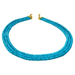 345 Carat Natural Sleeping Beauty Turquoise Necklace, Four Strand 14 Karat Gold