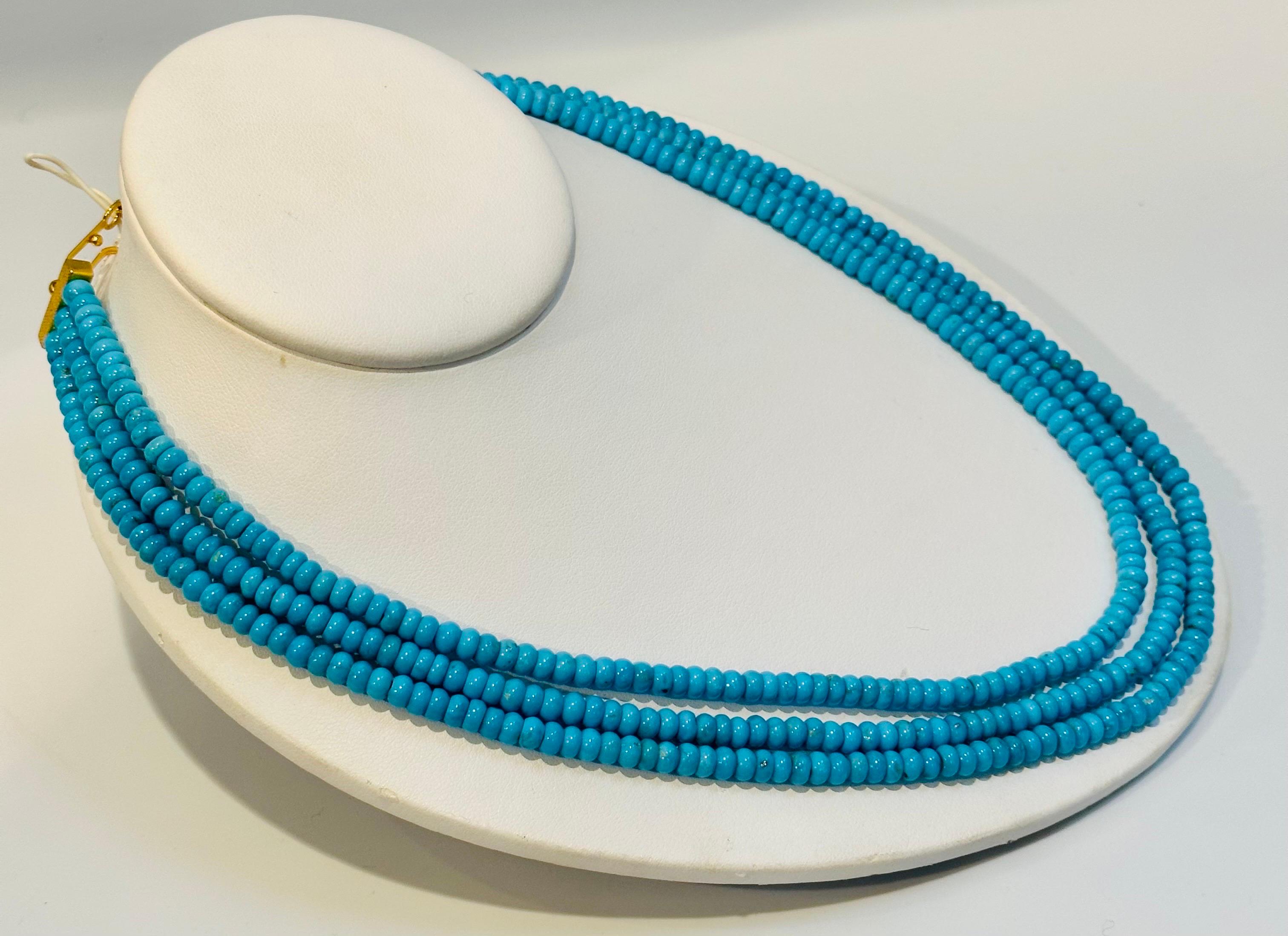 345 Carat Natural Sleeping Beauty Turquoise Necklace, Four Strand 14 Karat Gold In Excellent Condition For Sale In New York, NY
