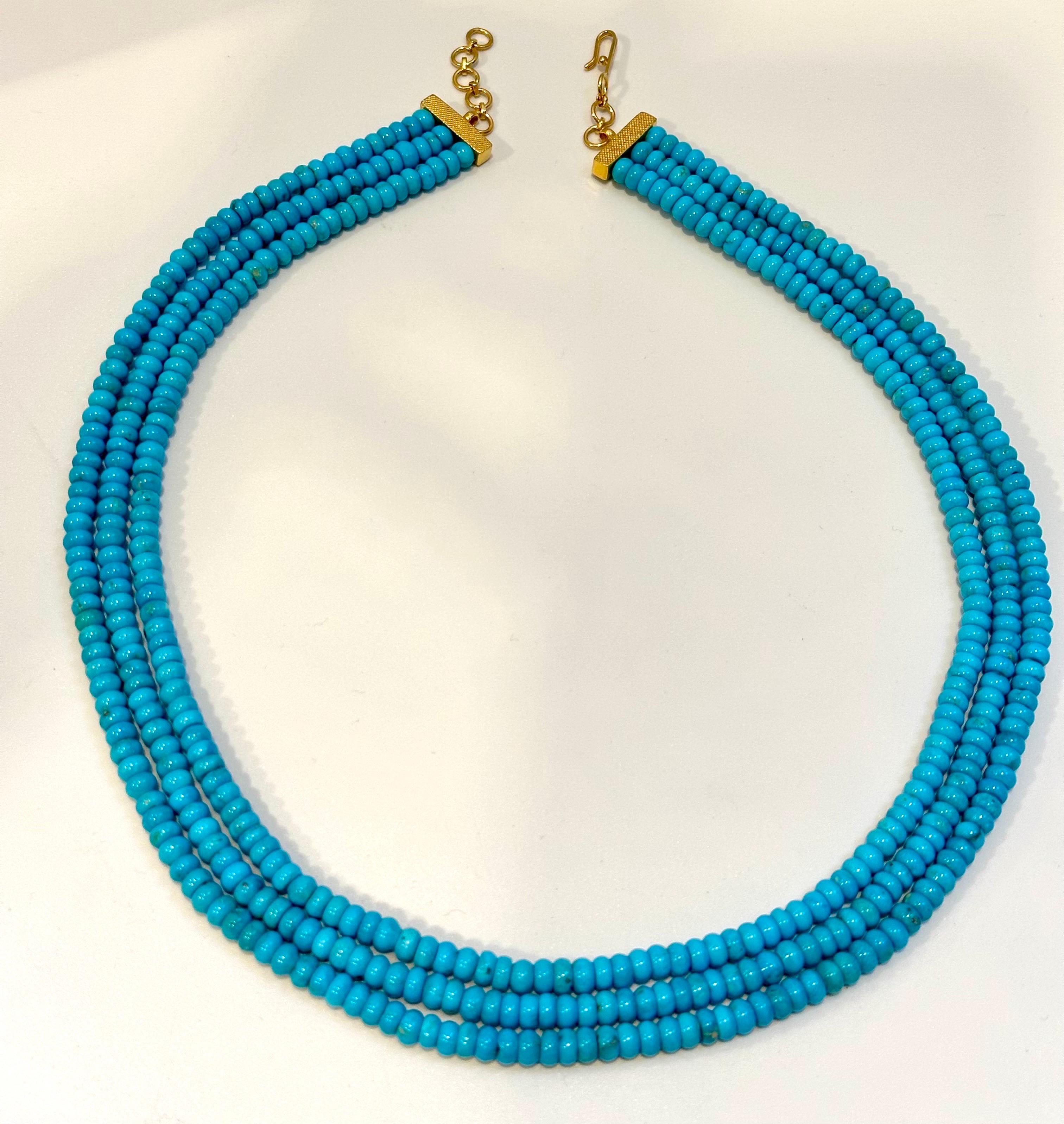 345 Carat Natural Sleeping Beauty Turquoise Necklace, Four Strand 14 Karat Gold For Sale 1