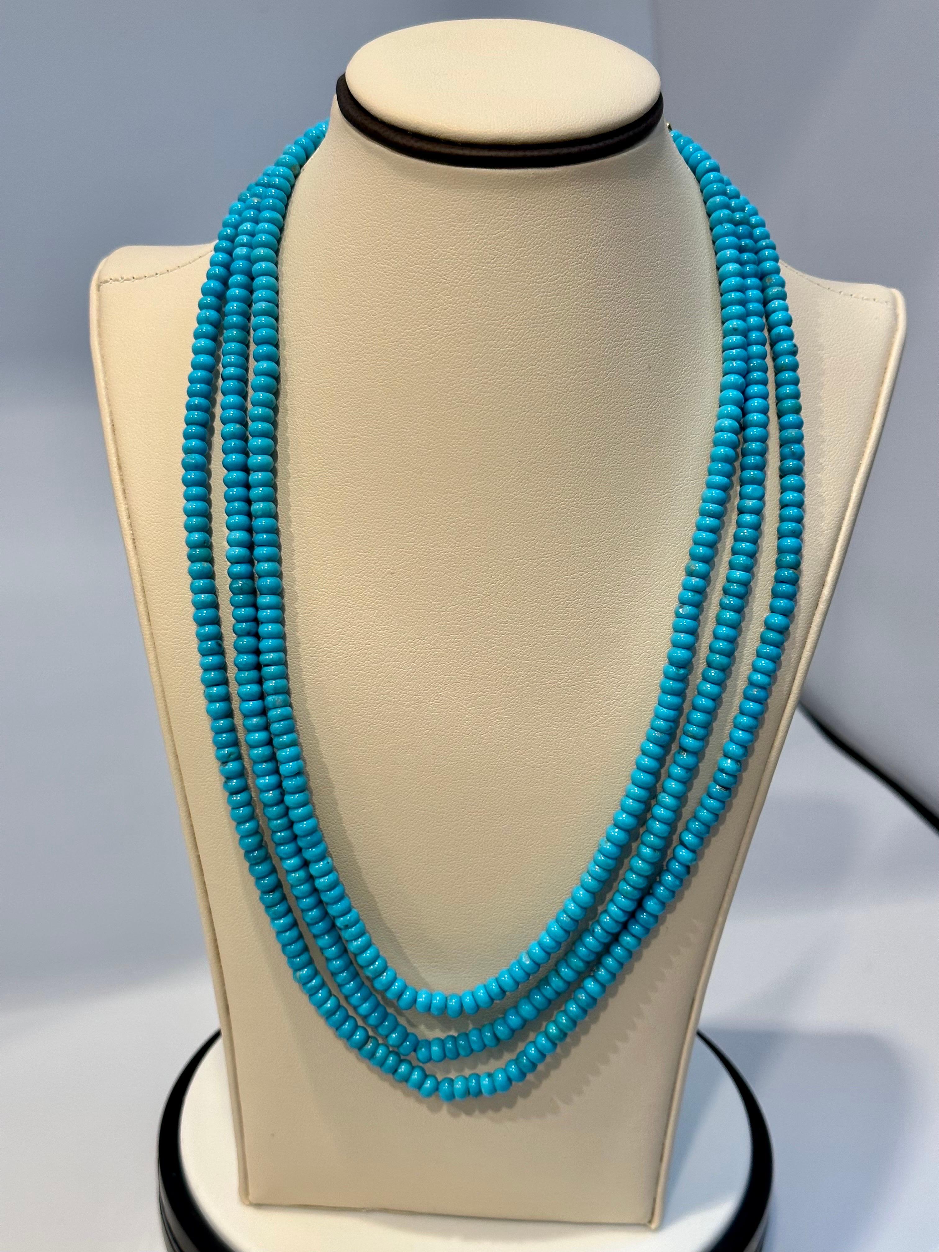 345 Carat Natural Sleeping Beauty Turquoise Necklace, Four Strand 14 Karat Gold For Sale 2