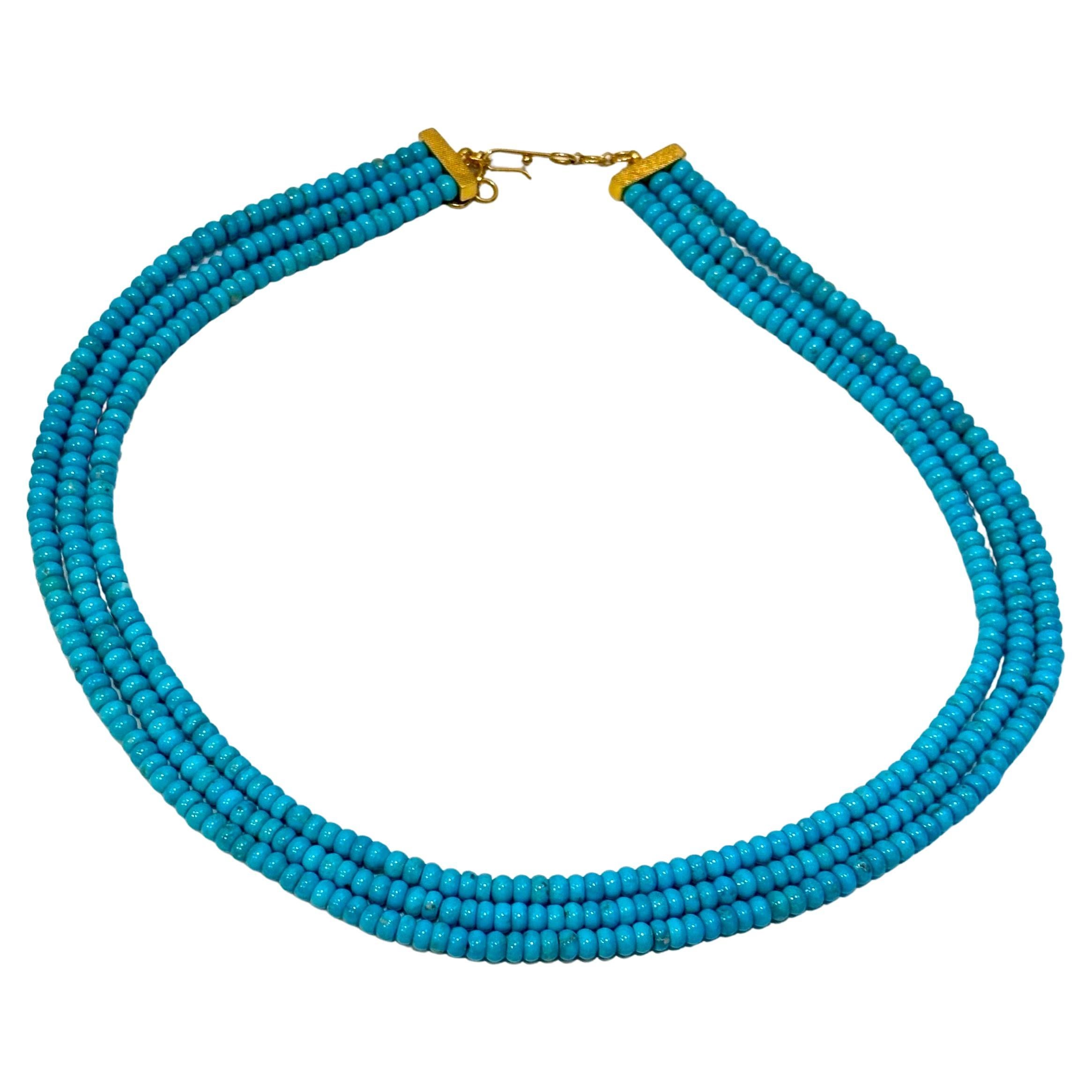 345 Carat Natural Sleeping Beauty Turquoise Necklace, Four Strand 14 Karat Gold For Sale