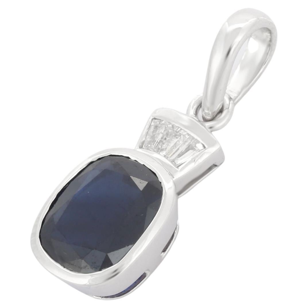 3.45 Carat Cushion Cut Blue Sapphire Pendant with Diamonds in 18K White Gold For Sale