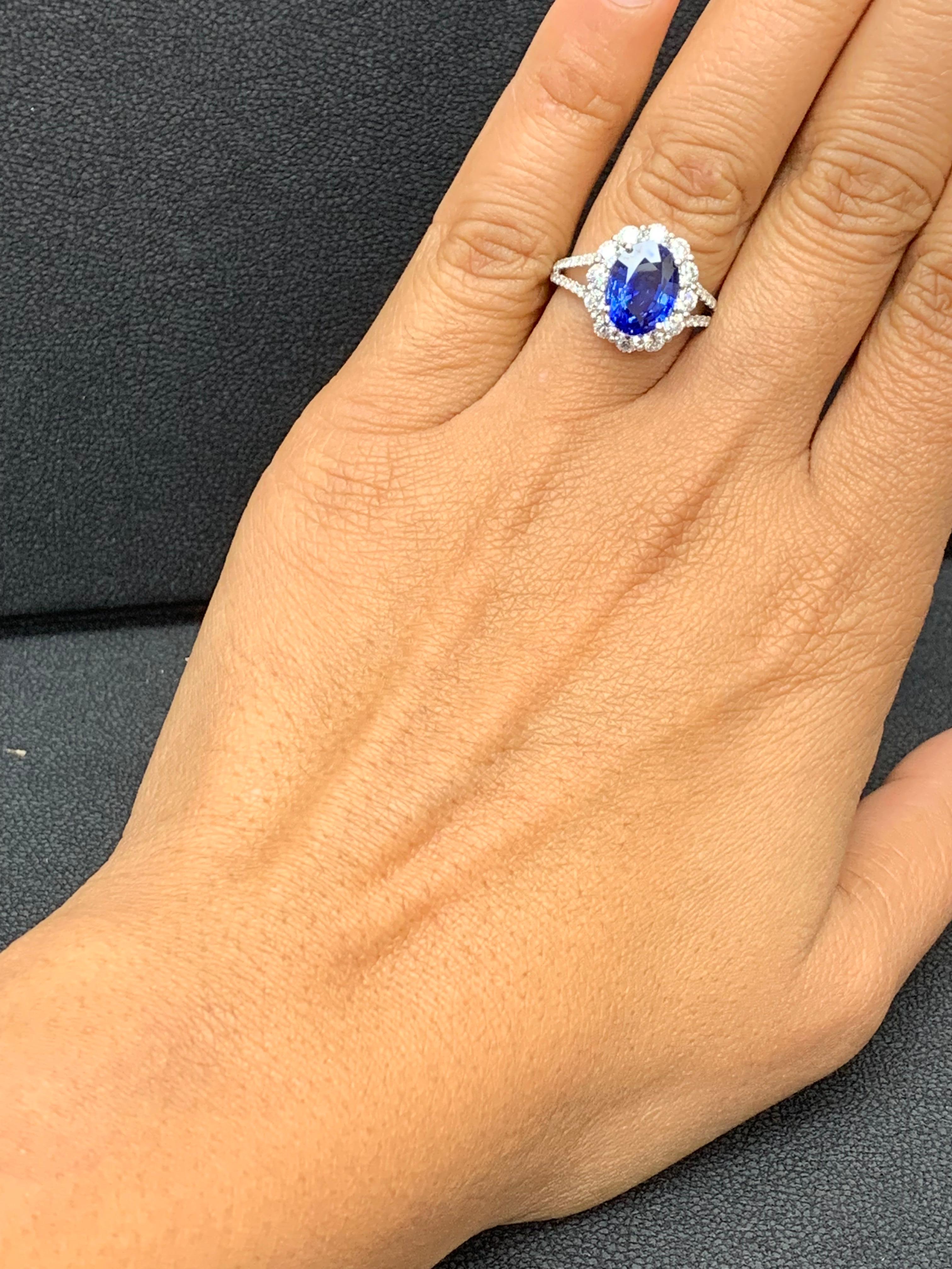 3.45 Carat Oval Shape Blue Sapphire and Diamond Flower Ring in 18K White Gold For Sale 1