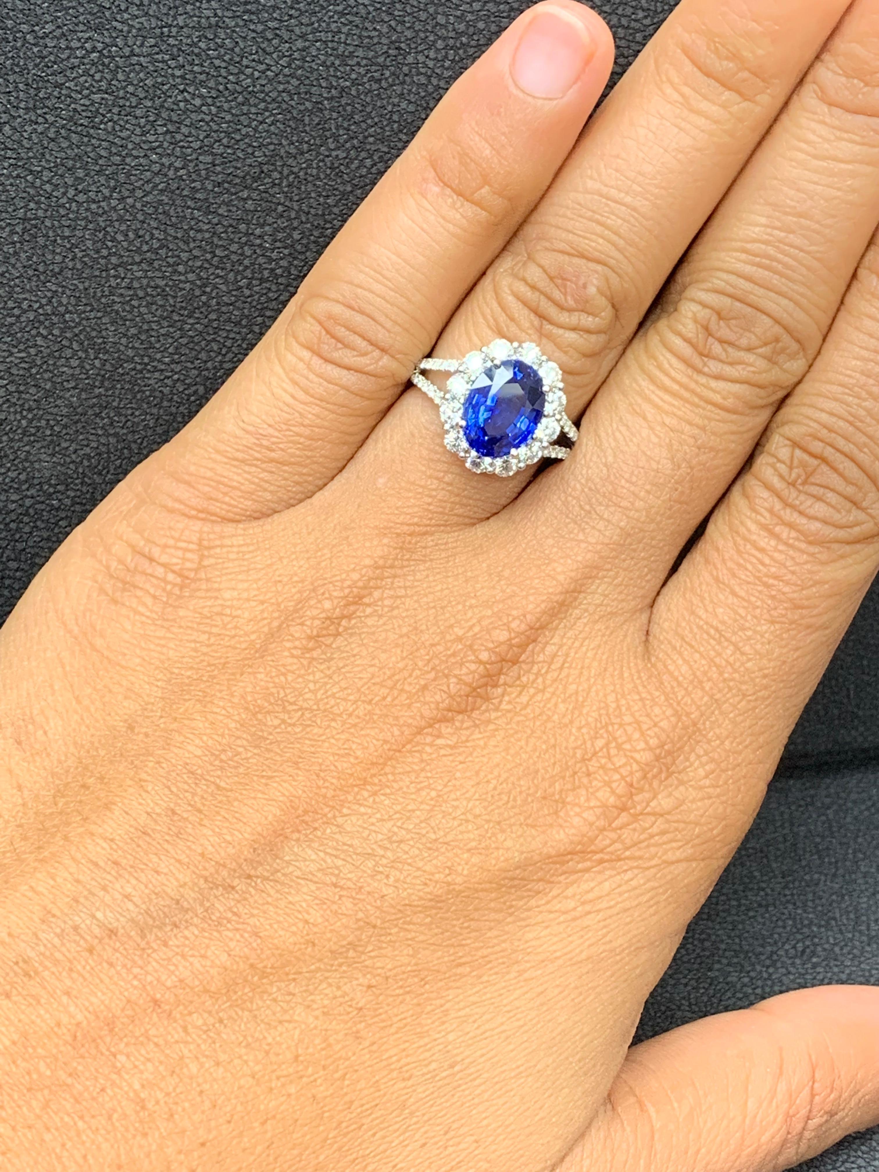 3.45 Carat Oval Shape Blue Sapphire and Diamond Flower Ring in 18K White Gold For Sale 2
