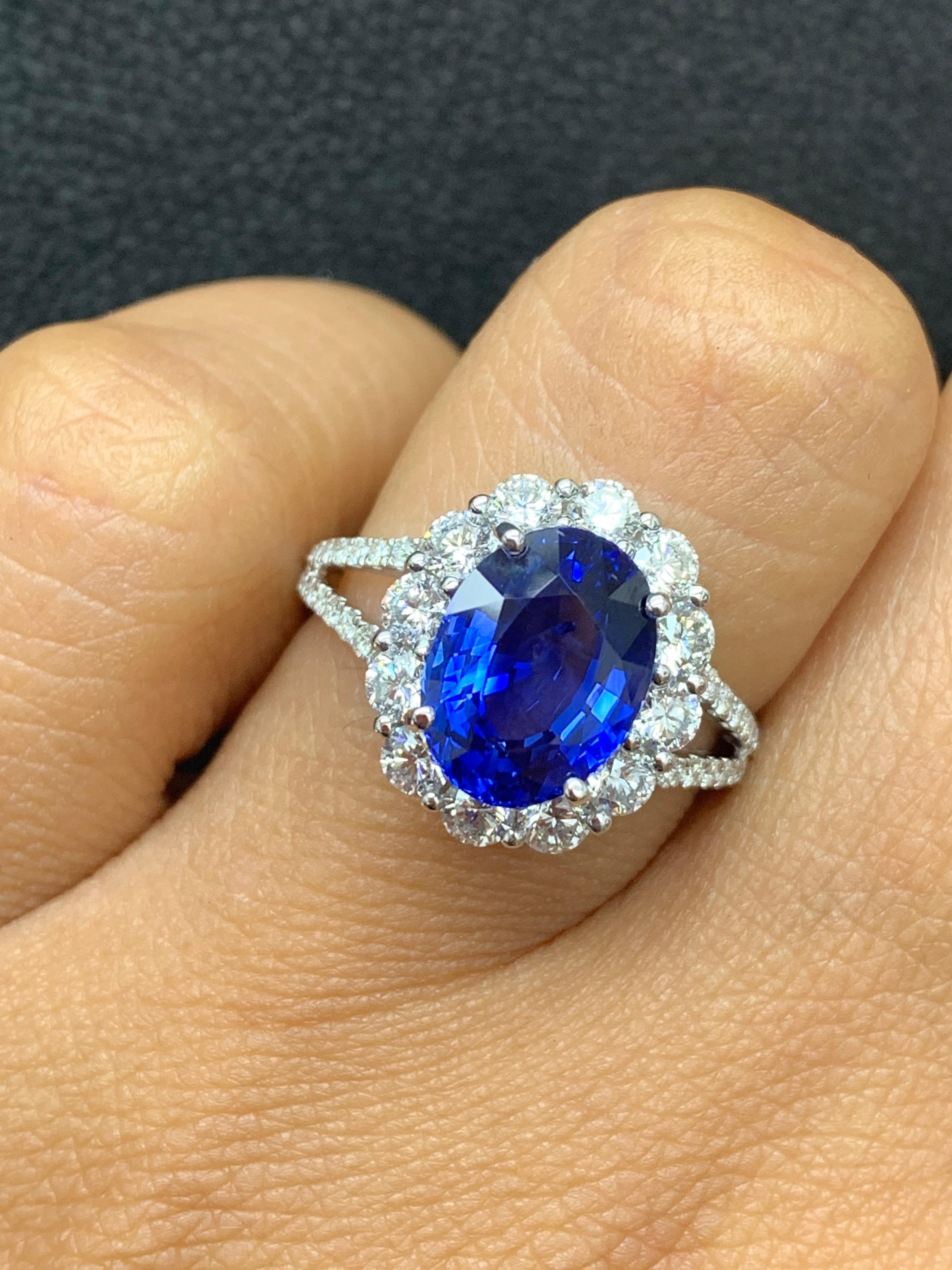 3.45 Carat Oval Shape Blue Sapphire and Diamond Flower Ring in 18K White Gold For Sale 3