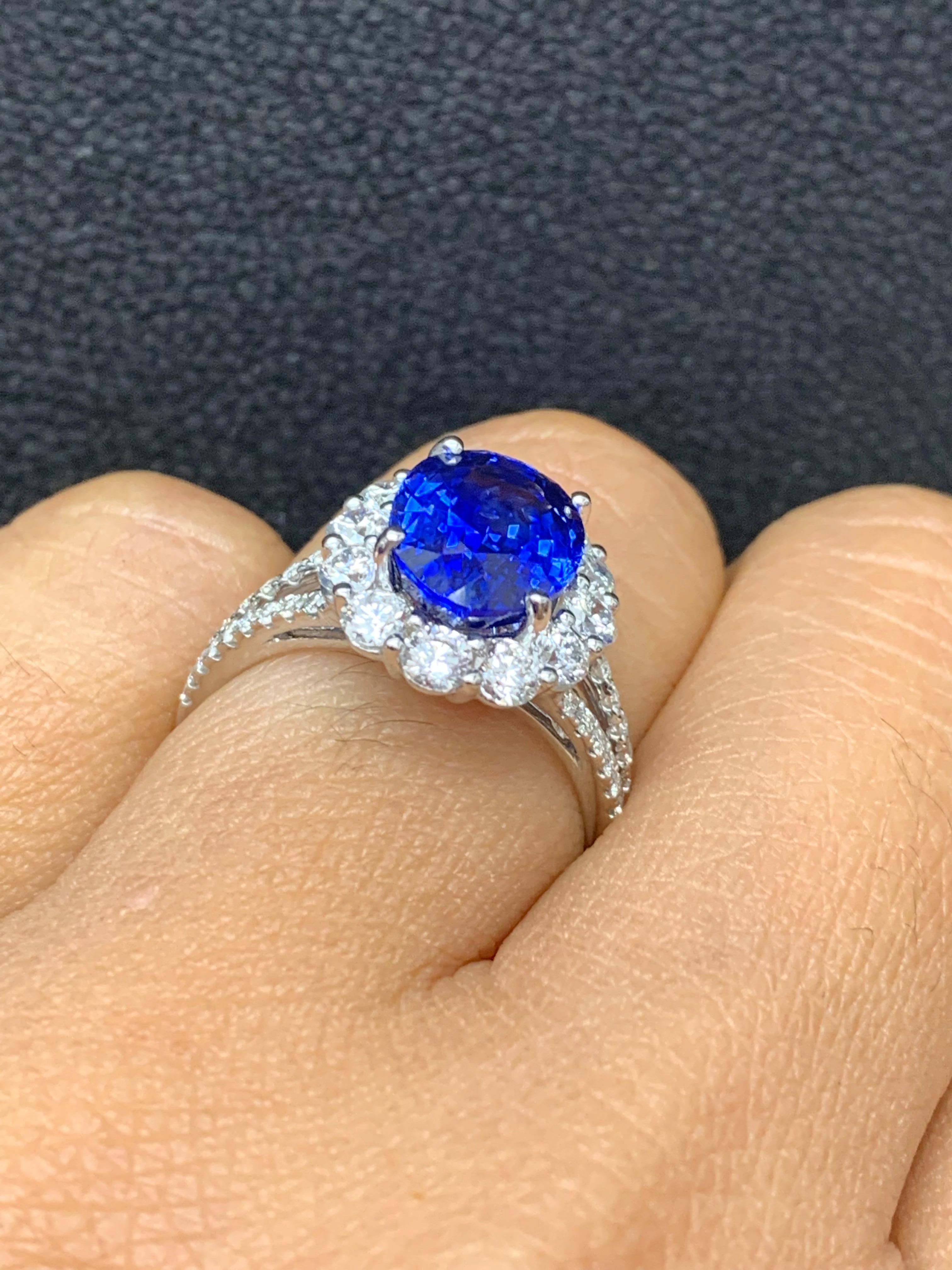 3.45 Carat Oval Shape Blue Sapphire and Diamond Flower Ring in 18K White Gold For Sale 4