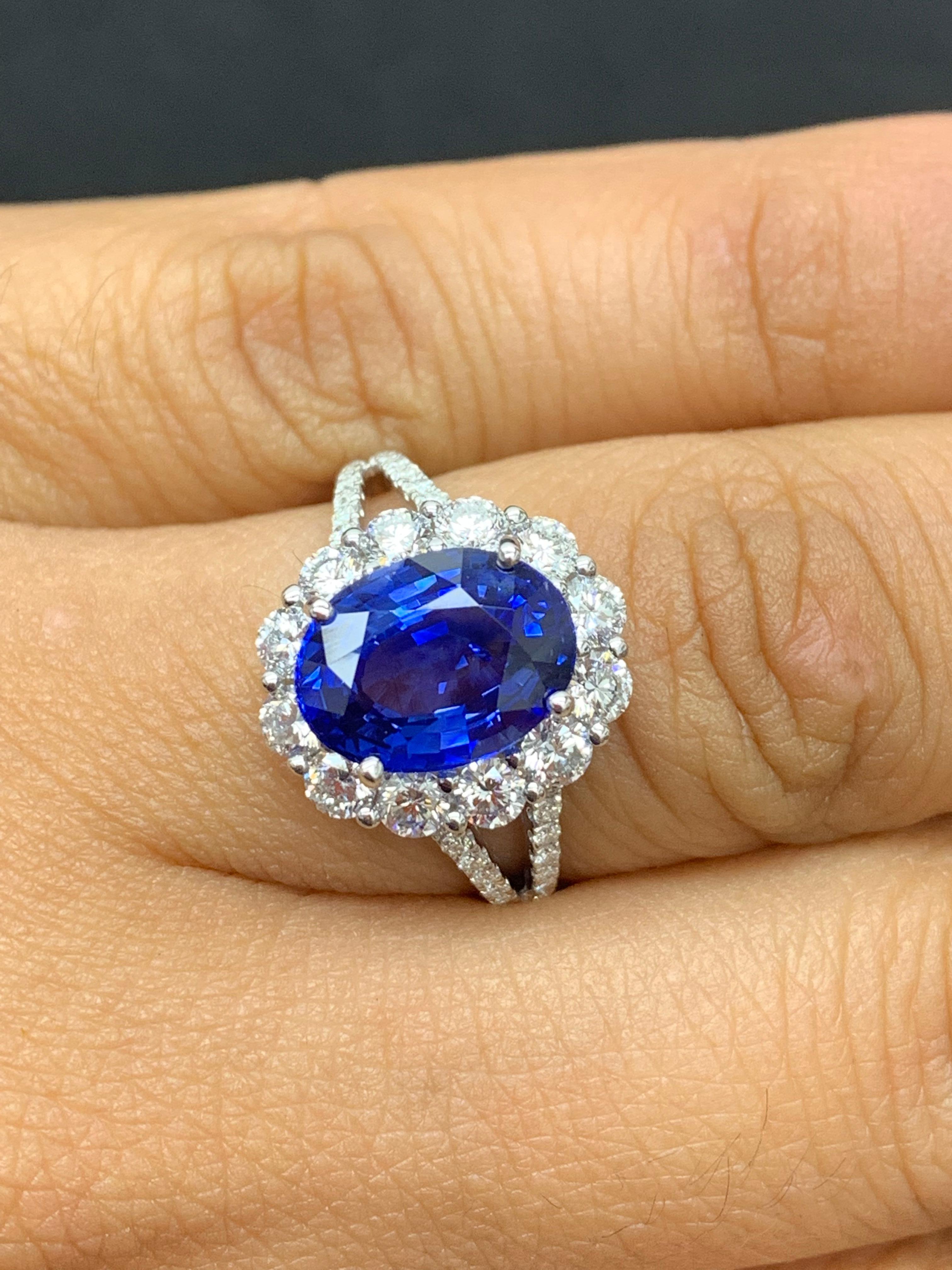 3.45 Carat Oval Shape Blue Sapphire and Diamond Flower Ring in 18K White Gold For Sale 5