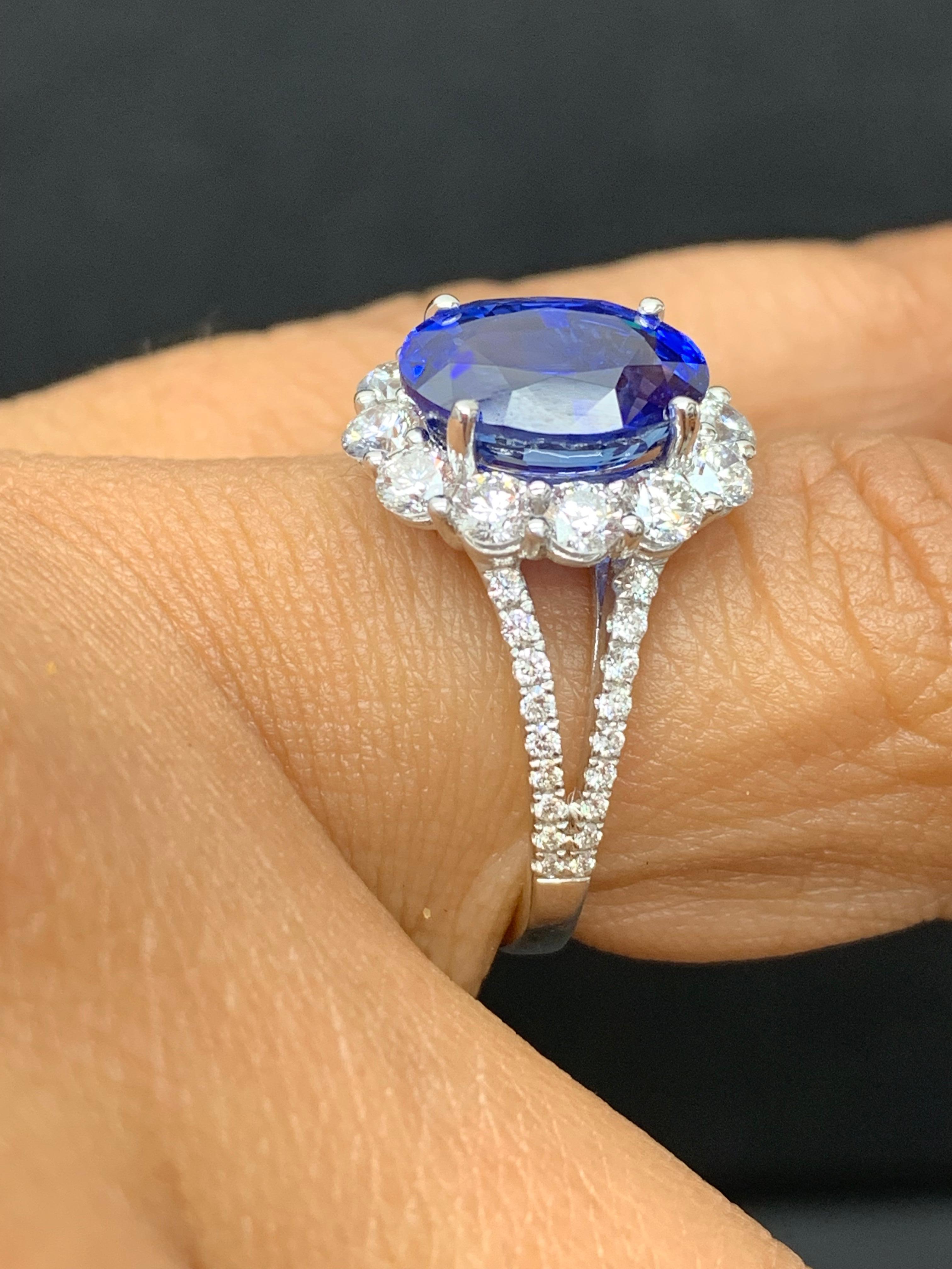 3.45 Carat Oval Shape Blue Sapphire and Diamond Flower Ring in 18K White Gold For Sale 7