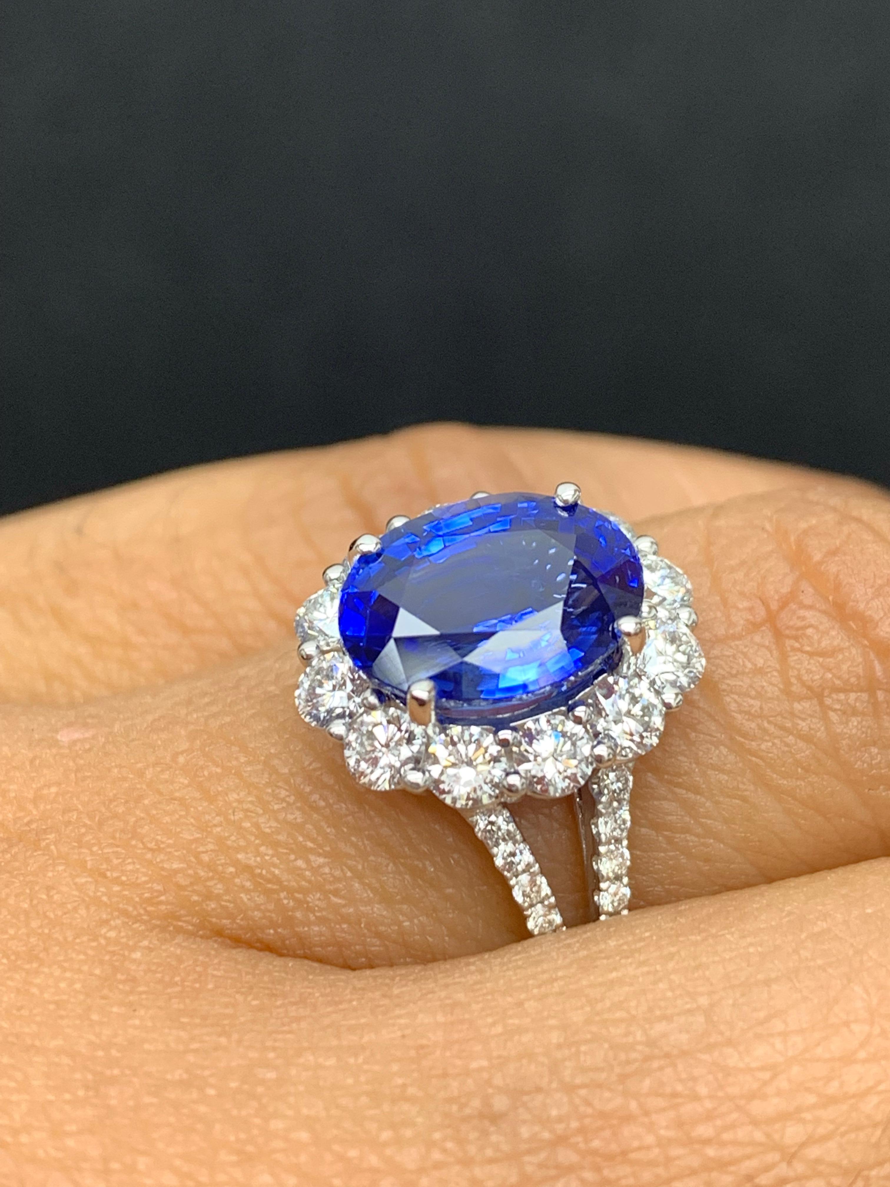 3.45 Carat Oval Shape Blue Sapphire and Diamond Flower Ring in 18K White Gold For Sale 8