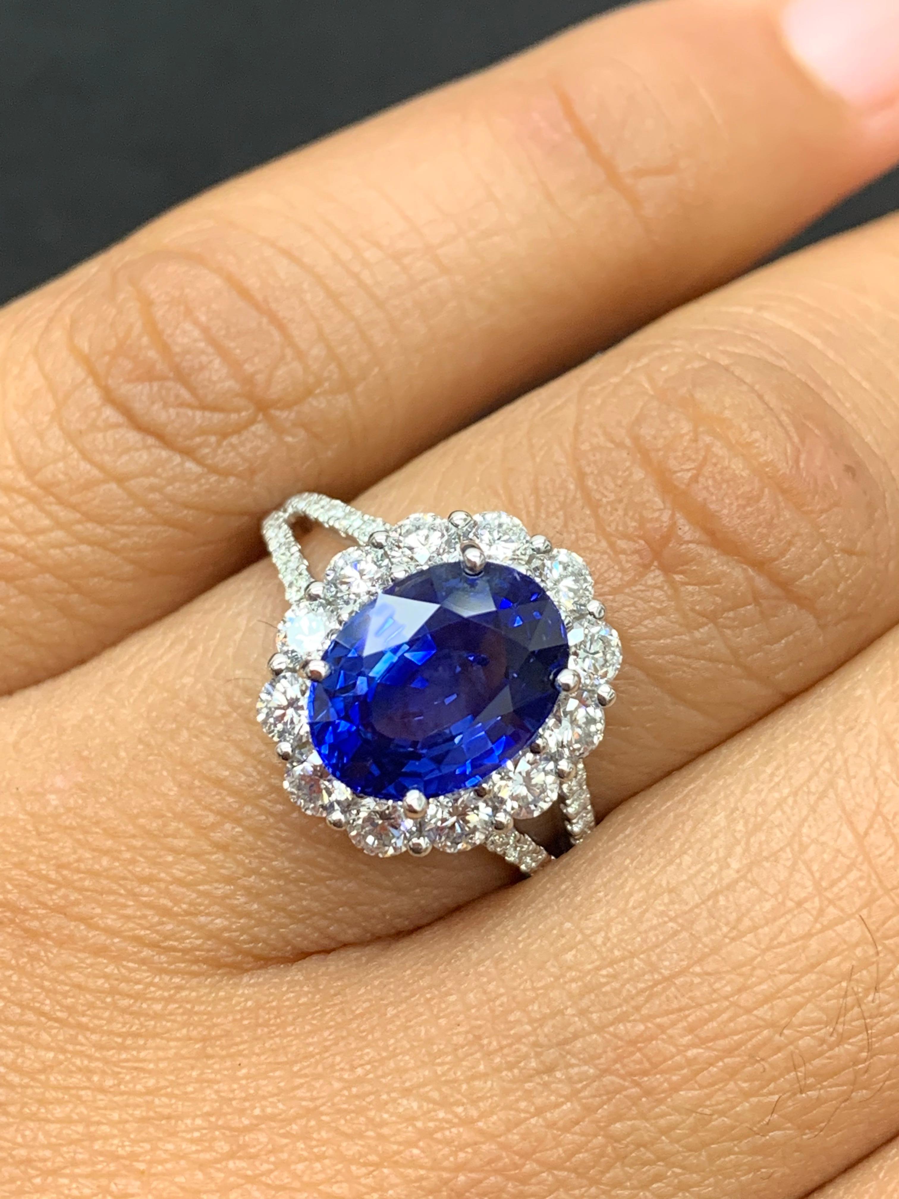 3.45 Carat Oval Shape Blue Sapphire and Diamond Flower Ring in 18K White Gold For Sale 9