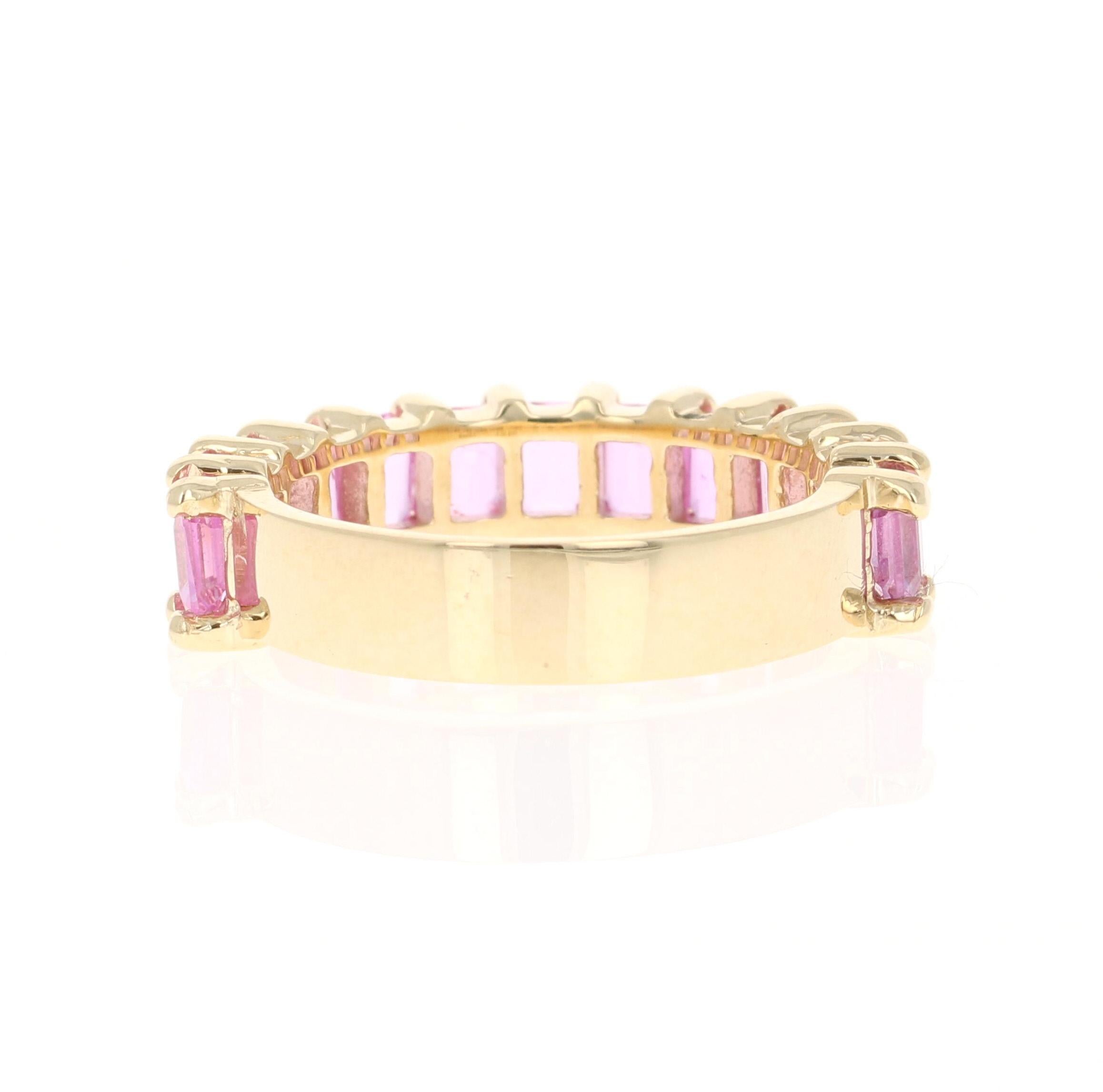 Emerald Cut 3.45 Carat Pink Sapphire Yellow Gold Ladies Band For Sale