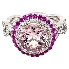 3.45 Carat Round Cut Pink Morganite Sapphire Diamond White Gold Engagement Ring