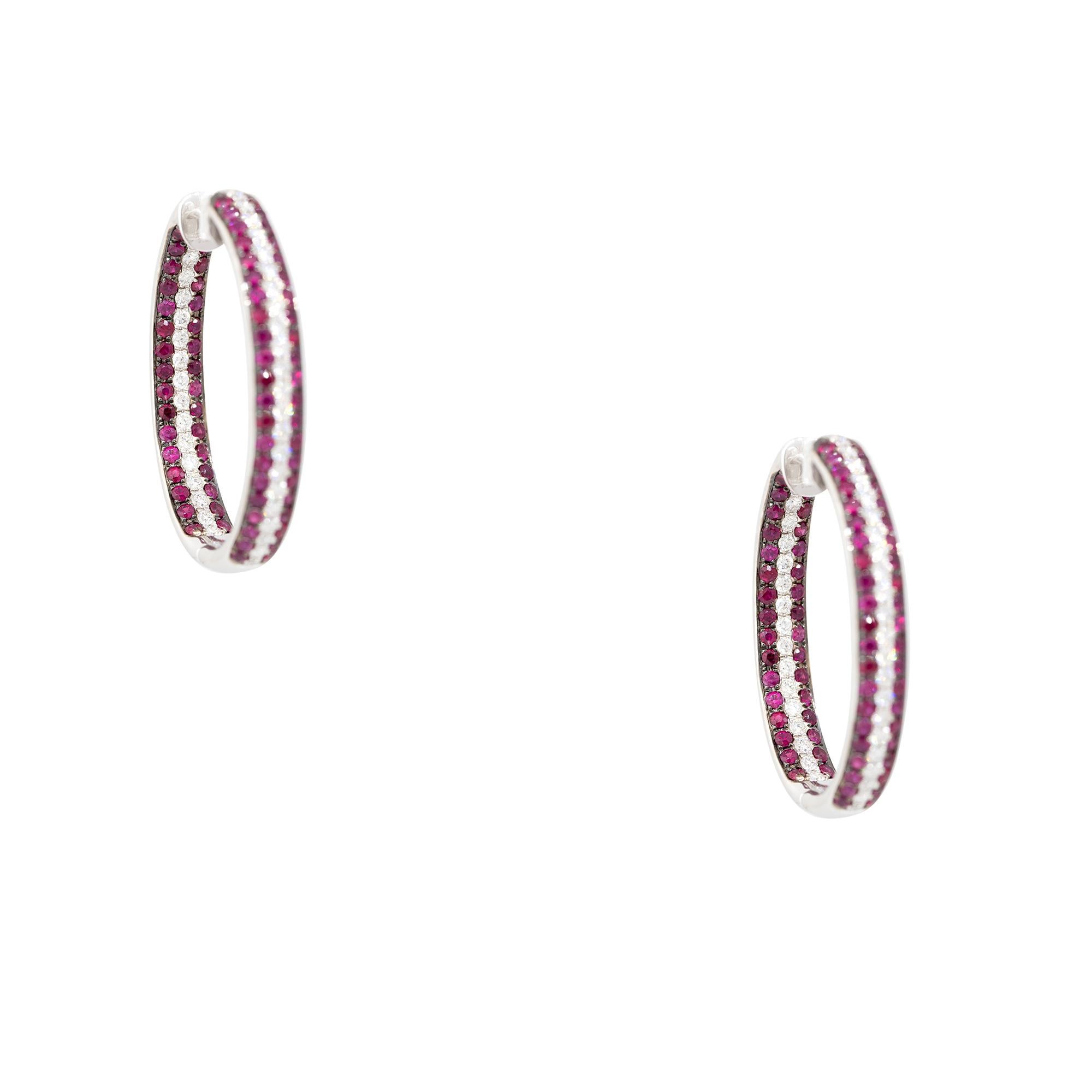 Modern 3.45 Carat Ruby & 1.42 Carat Diamond Inside Out Hoop Earrings 18 Karat In Stock For Sale