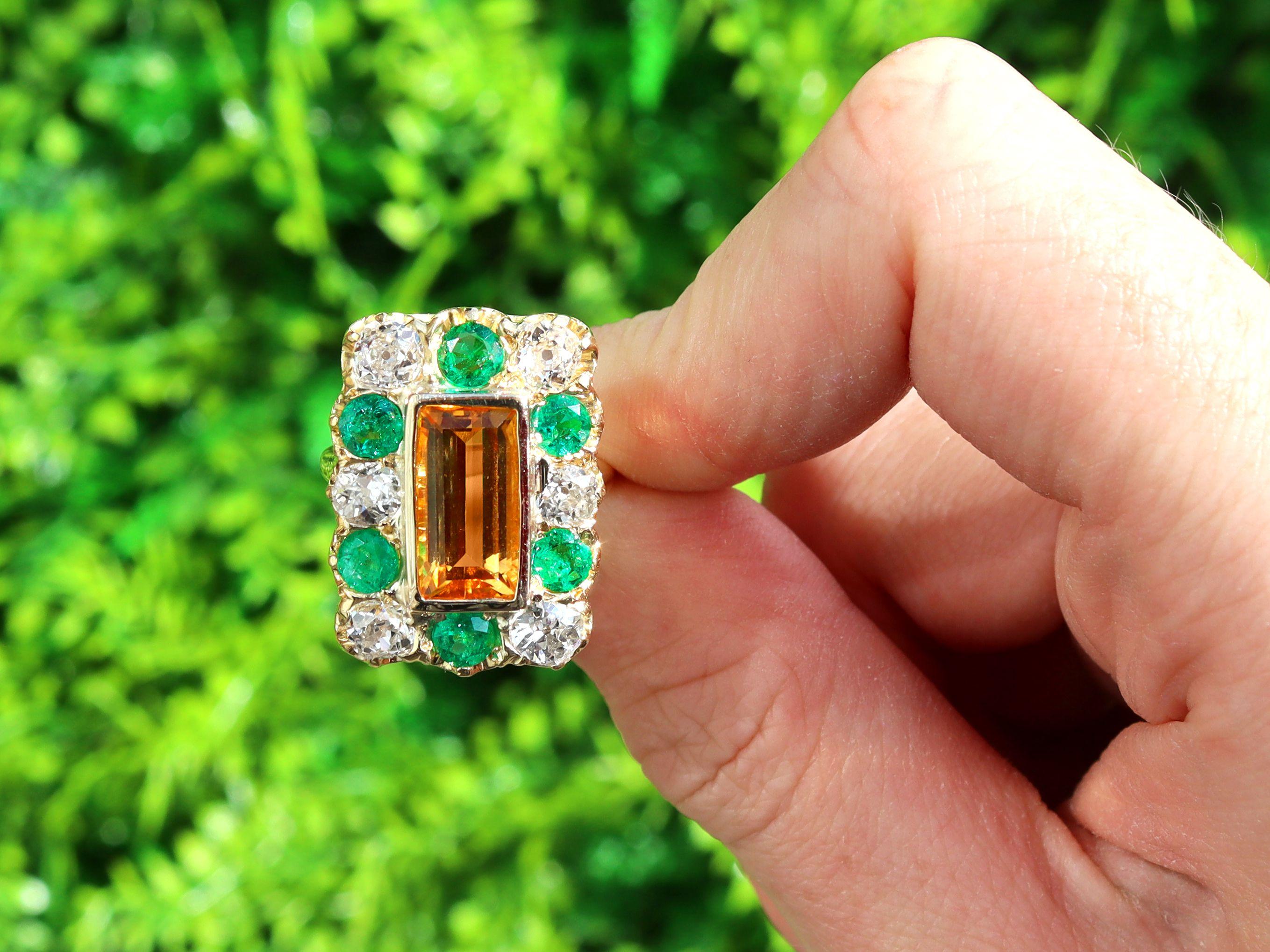 A stunning, fine and impressive 3.45 carat topaz, 1.86 carat emerald and 1.78 carat diamond, 18 karat yellow gold dress ring; part of our diverse gemstone jewellery collections

This stunning, fine and impressive antique gemstone ring has been