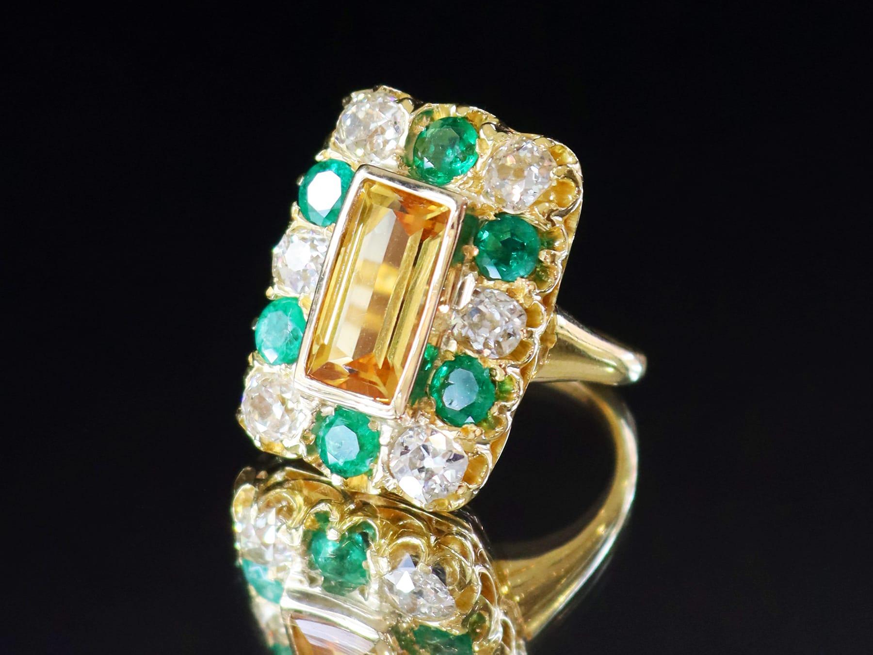 golden dress with green jewellery