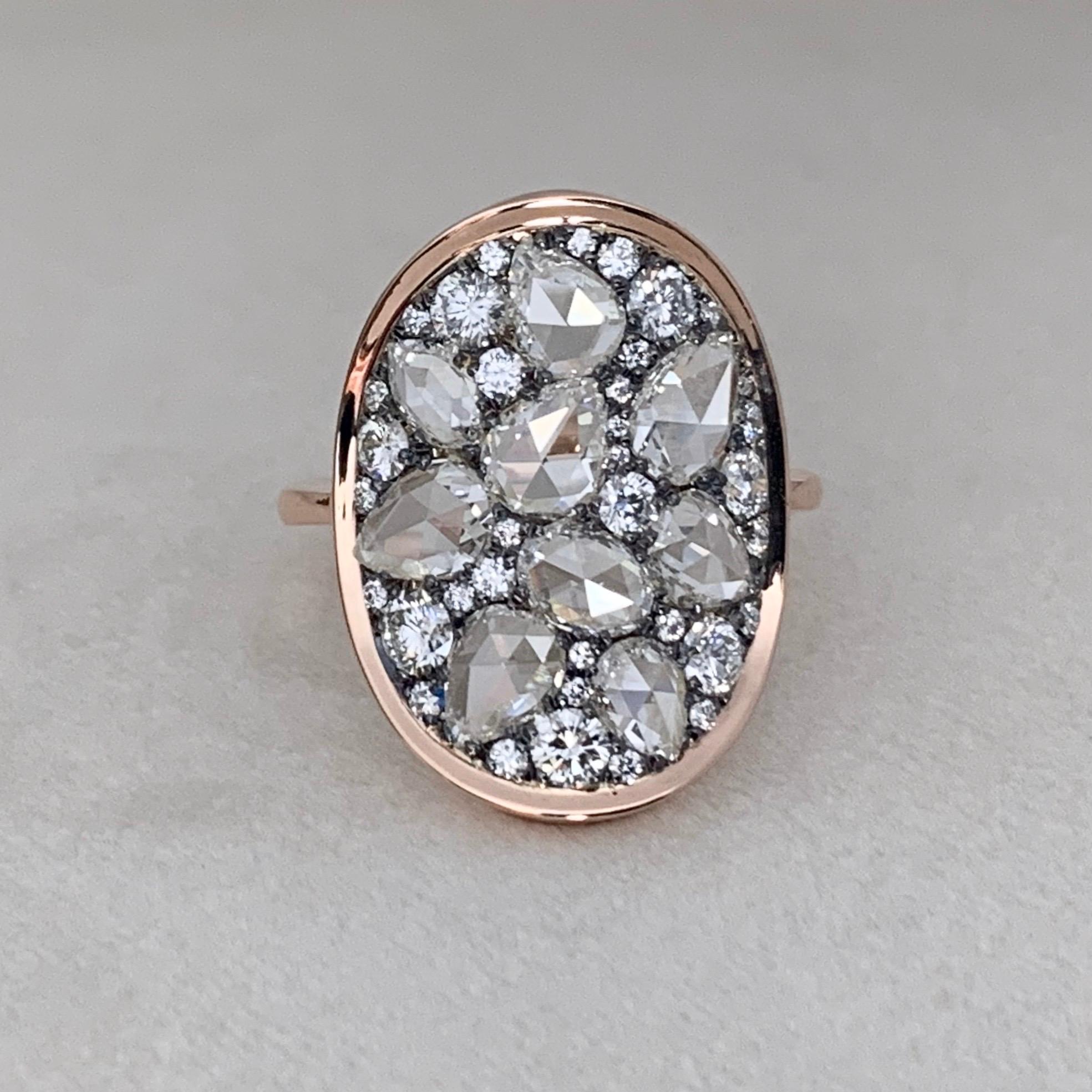 Art Nouveau 3.45 Carat White GHVS Rose-Cut and Brilliant-Cut Diamond Pave Ring