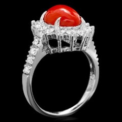 3.45 Carat Impressive Coral and Diamond 14 Karat White Gold Ring